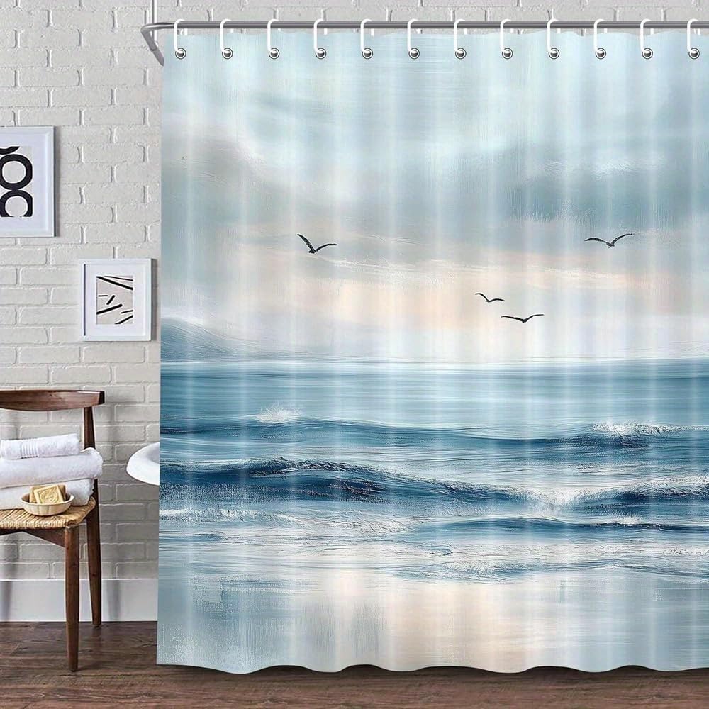 Rideau de douche design plage abstraite en tissu noble bleu sarcelle