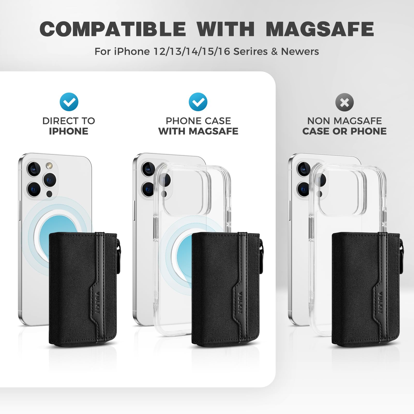 VULKIT Cartera magnética para tarjetas, compatible con MagSafe Wallet con bloqueo RFID, tarjetero para iPhone 15/14/13/12 Series, Black, no, Minimalista