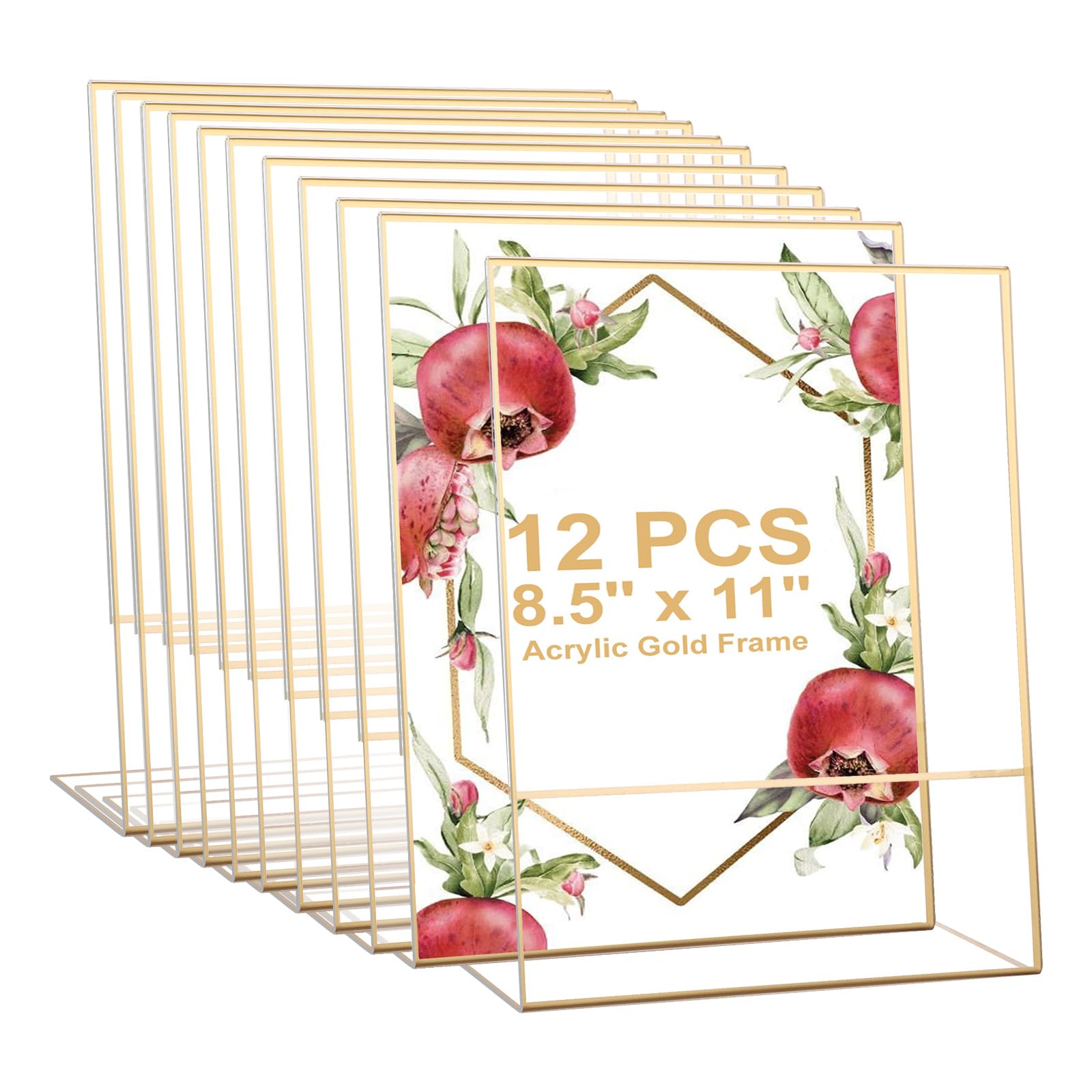 DAJAVE Paquete de 12 soportes acrílicos para menús de 8.5 x 11 pulgadas, soportes dorados para letreros de mesa, soporte de menú pequeño para bodas, carteles de restaurante