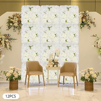 12Pcs Artificial Flower Wall Panel 3D Floral Backdrop Wall 15 X 15 Flower Wall Decor Flower Wall Backdrop Faux Flower Panel for Party Home Background Decor, White