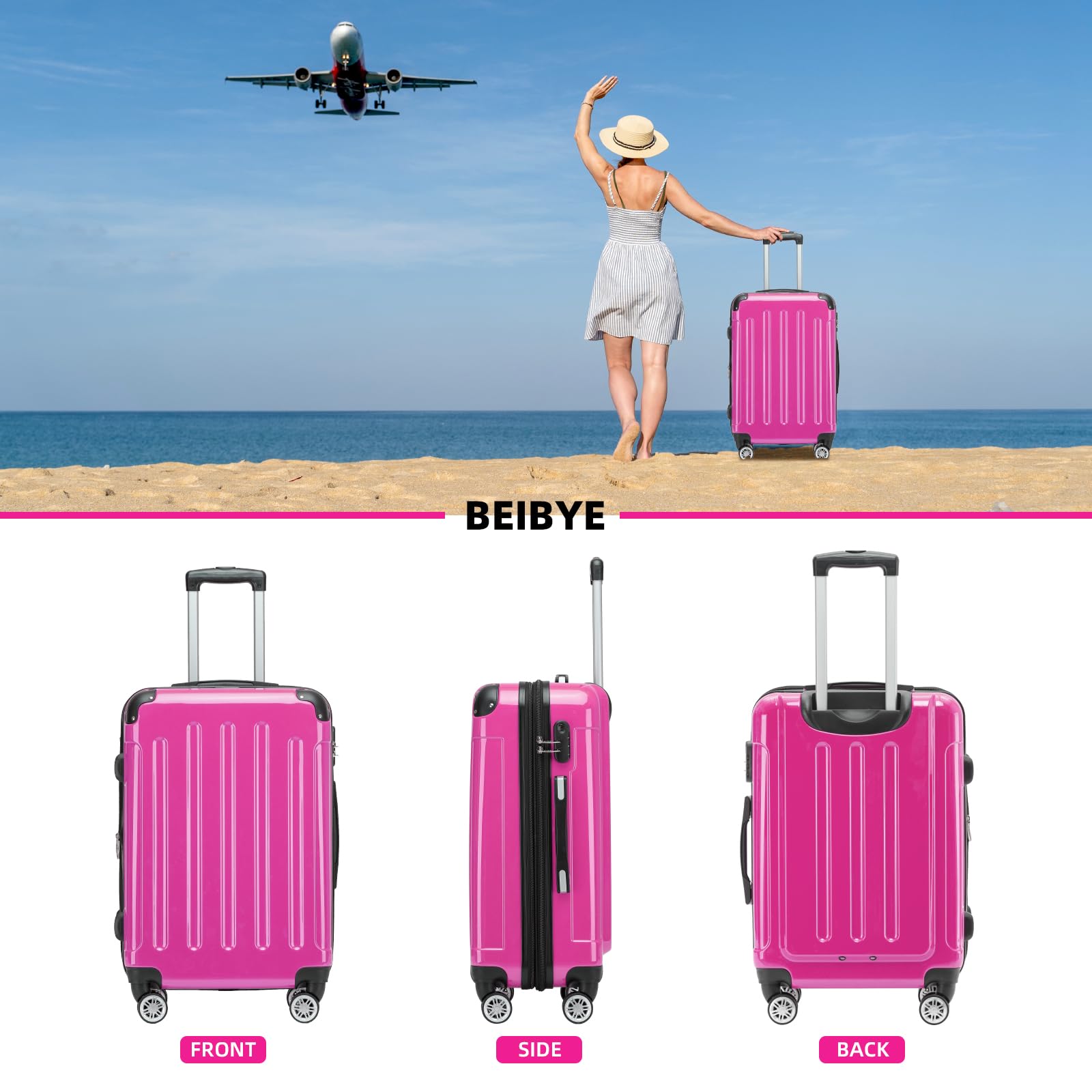 BEIBYE Hartschalen Koffer Trolley Rollkoffer Reisekoffer 4 Zwillingsrollen Polycabonat (Pink, Handgepäck 55cm-40L)