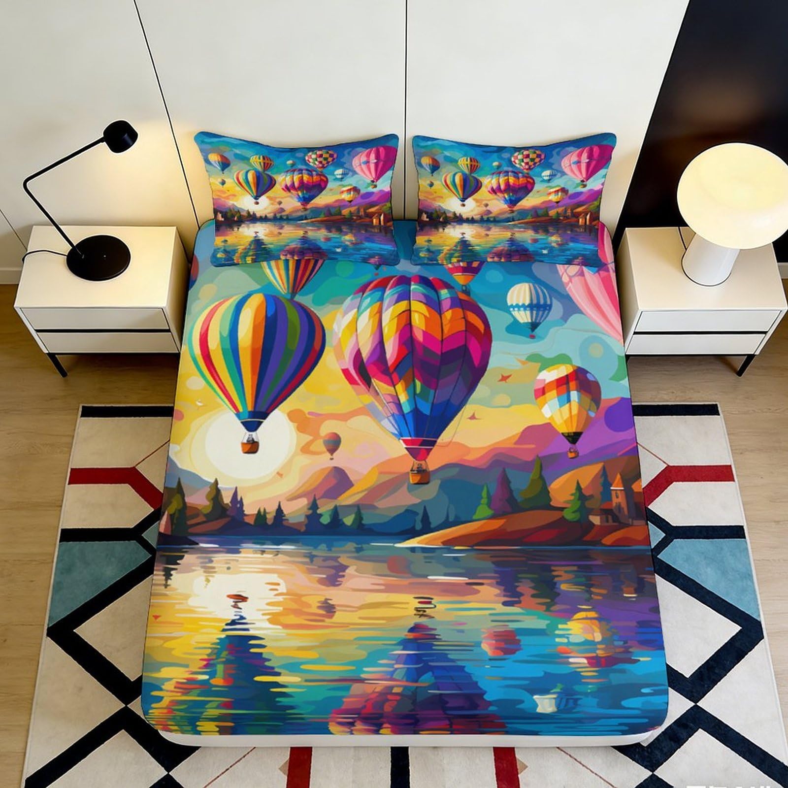 3D Printed Hot Air Balloon Fitted Sheet Microfiber Vibrant Colorful Design Scenic Lake Bed Cover for Bedroom Dormitory Guest Room Mattress Protection 140x200x25cm