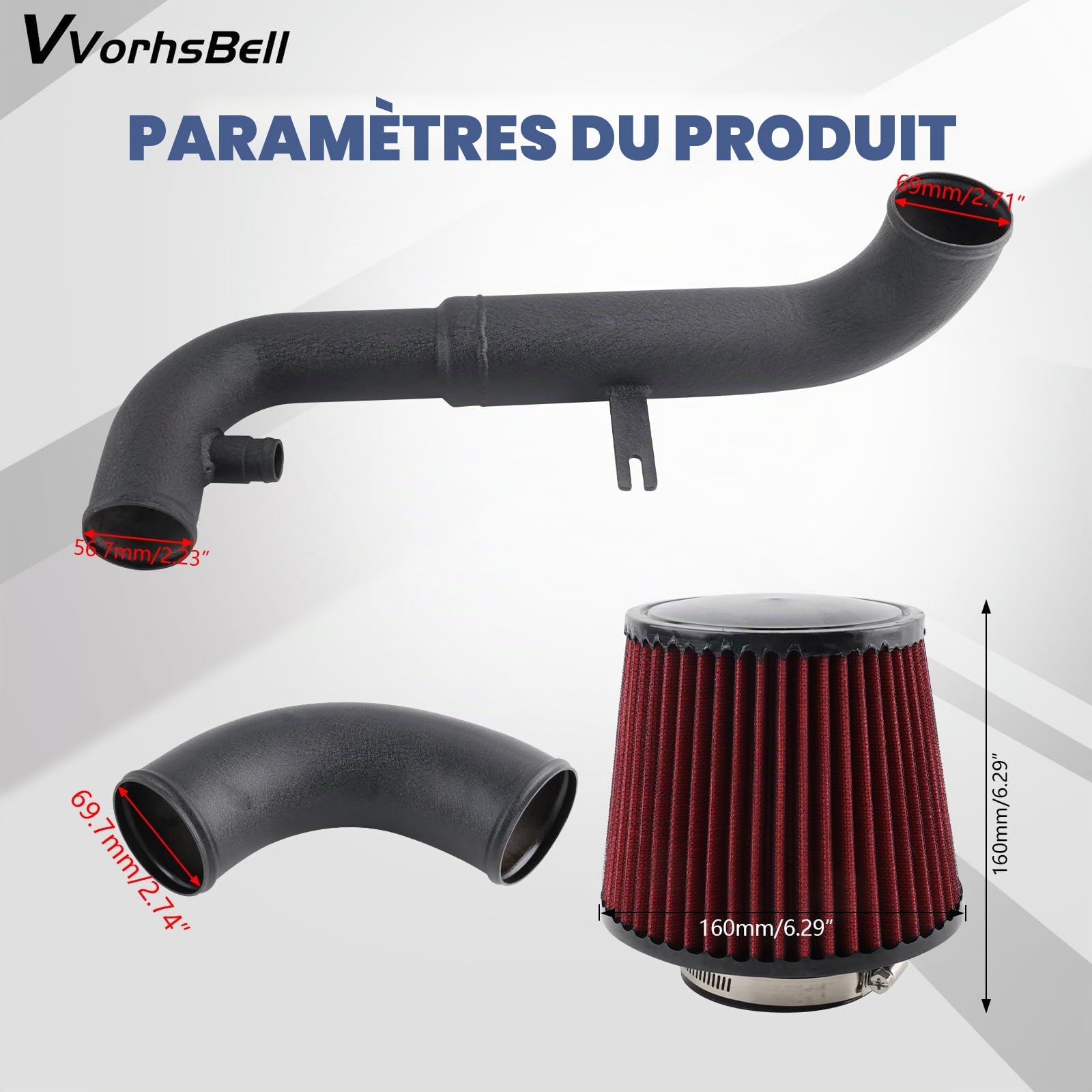 Kit d'admission d'air froid compatible avec VW Golf GTI MK6 2.0 TFSI 2011-2012 EA113 Tuyau en aluminium à haut débit + Bouclier thermique + Filtre rouge