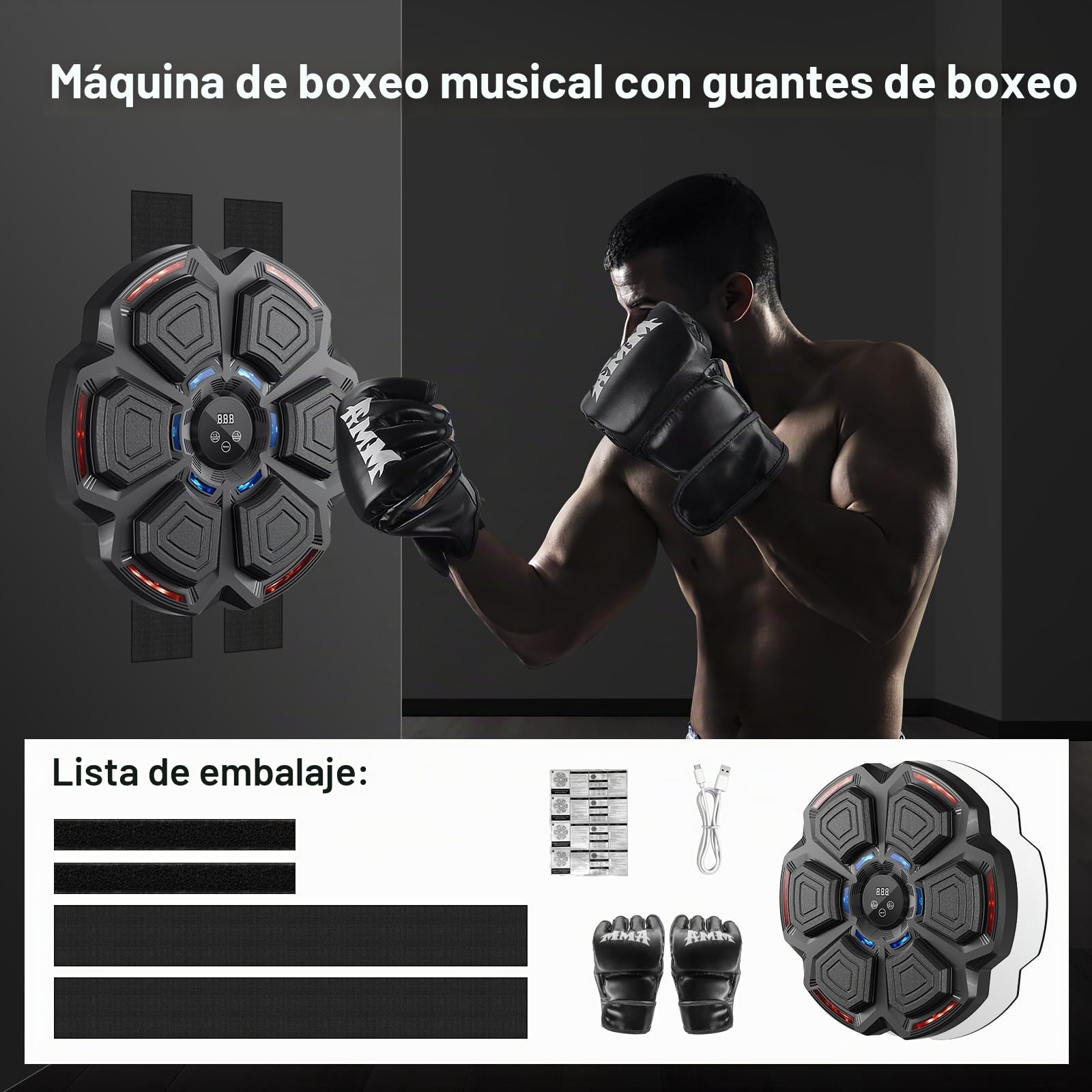 FOOING Máquina de Boxeo Musical Inteligente con Bluetooth, Luces LED y Niveles de Velocidad para Adultos y Niños, Equipo de Entrenamiento para Aliviar el Estrés con Guantes de Boxeo y Práctica Casa