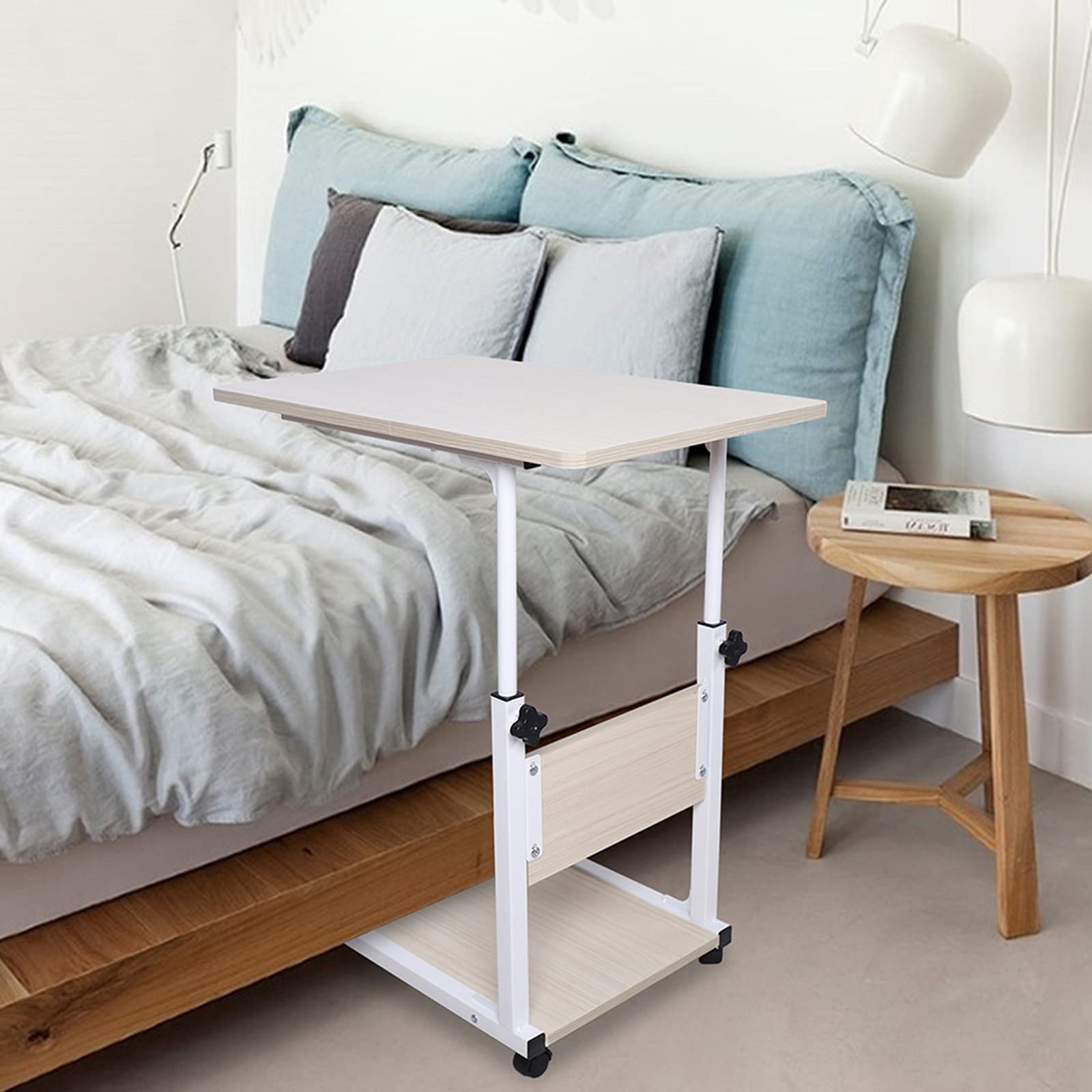 Tavolo per computer portatile, comodino in legno d'acero bianco con ruote, tavolino mobile regolabile in altezza, adatto per soggiorno, studio, ufficio, sala riunioni, aula, camera da letto