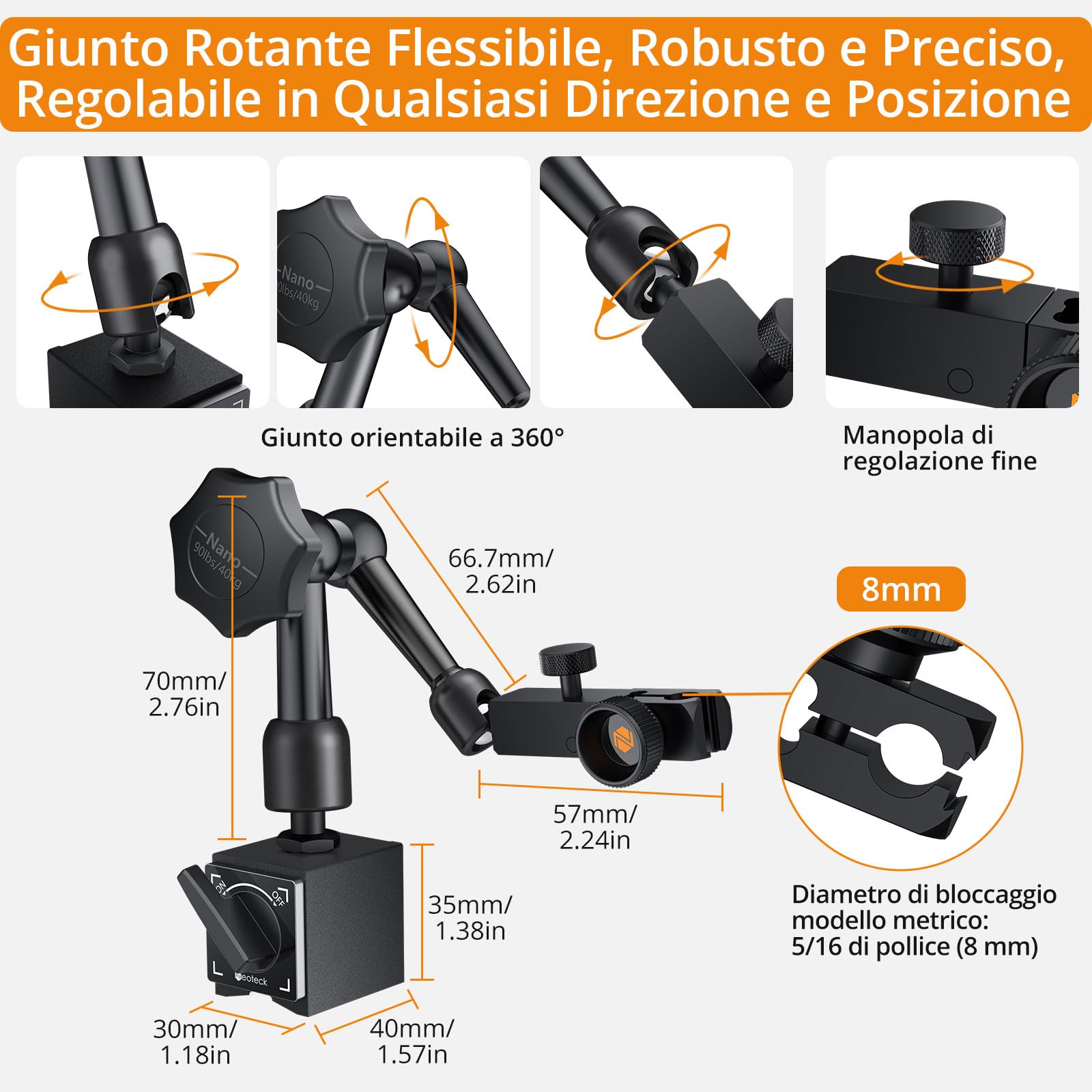 Neoteck Indicatore di Prova a Quadrante 0-0.8mm con Base Magnetica 90lbs/40kg Set Comparatore a Leva Metrico 0.01mm Supporto Magnetico Forte con Custodia Protettiva per Laboratori, Officine Meccaniche