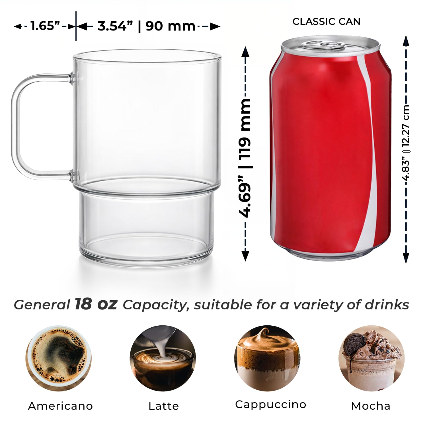 Amazon.com: Aquach 18oz Stackable Glass Mugs with Handle, Set of 2 - Large  Clear Coffee Cups for Latte, Cappuccino, Mocha, Americano, and Tea : Home &  Kitchen