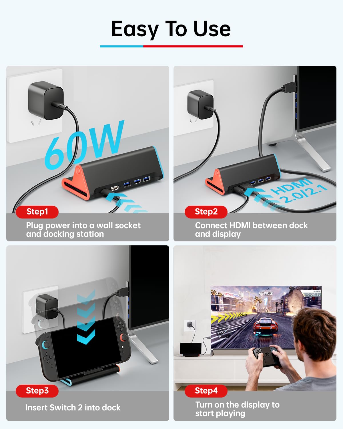 Switch 2 Dock - Adattatore TV 4K, docking station portatile per console di gioco Nintendo Switch2, set di accessori con connettore base da viaggio (3 porte USB 3.0, ingresso