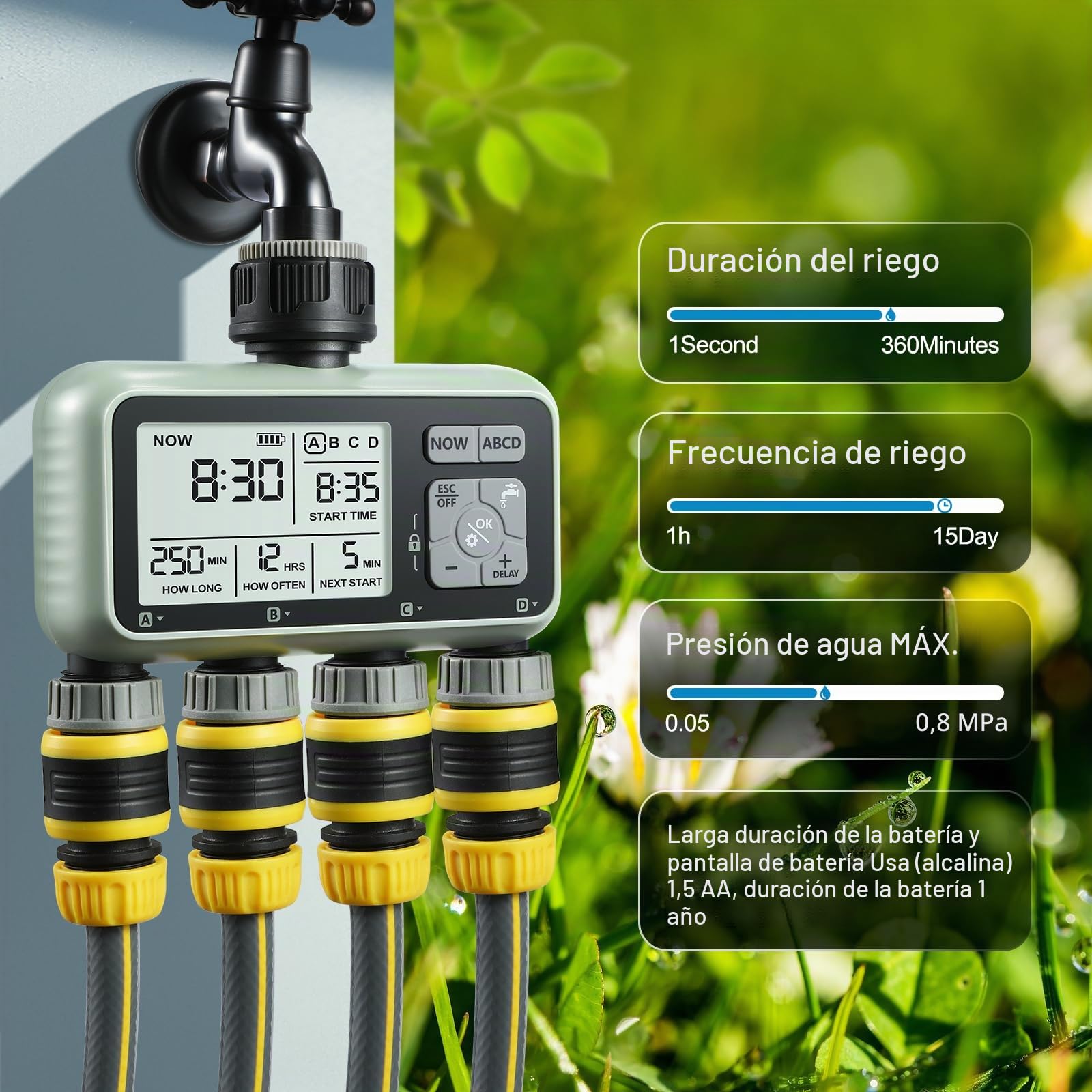 CROSOFMI Programador Riego Automatico Jardin Temporizador Riego con 4 Salidas Independientes Pantalla LCD/Operación fácil/Bloqueo para niños/Retraso por Lluvia intensa/Riego Manual