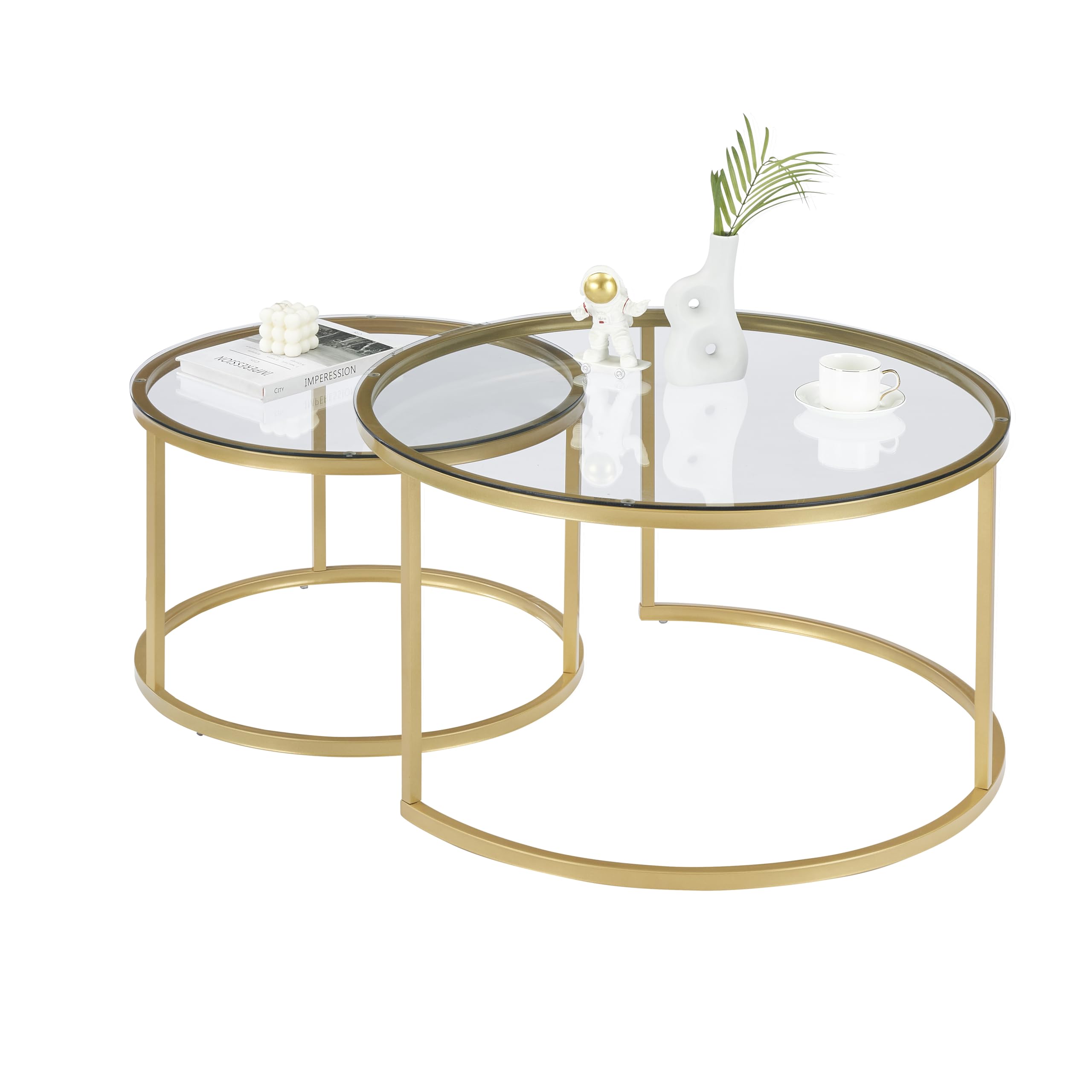 Table Basse Gigogne Ronde Dorée en Verre Lot de 2 Tables Basses Ronde pour Salon Moderne Table d'Appoint Grande 80x45cm & Petite 60x35cm