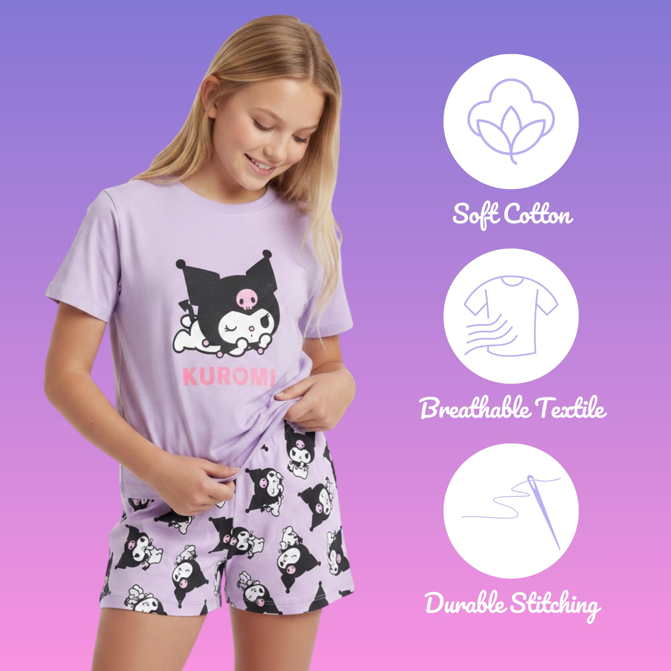 Hello Kitty Kuromi Camiseta y Pantalon para Niña, Pijama Conjunto 2 Piezas Camiseta Manga Corta y Pantalon Corto, Tallas 8 a 14 Años
