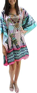 Mogul Interior Women Kaftan Dress Printed Resort Wear Summer Short Caftan Dresses One Size Pink,Blue
