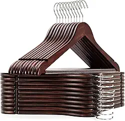 Amber Home Pacote com 20 cabides de madeira maciça, cabides de madeira com acabamento suave de nogueira com barra de calça antiderrapante, cabides de roupas com gancho giratório 360 e entalhes para