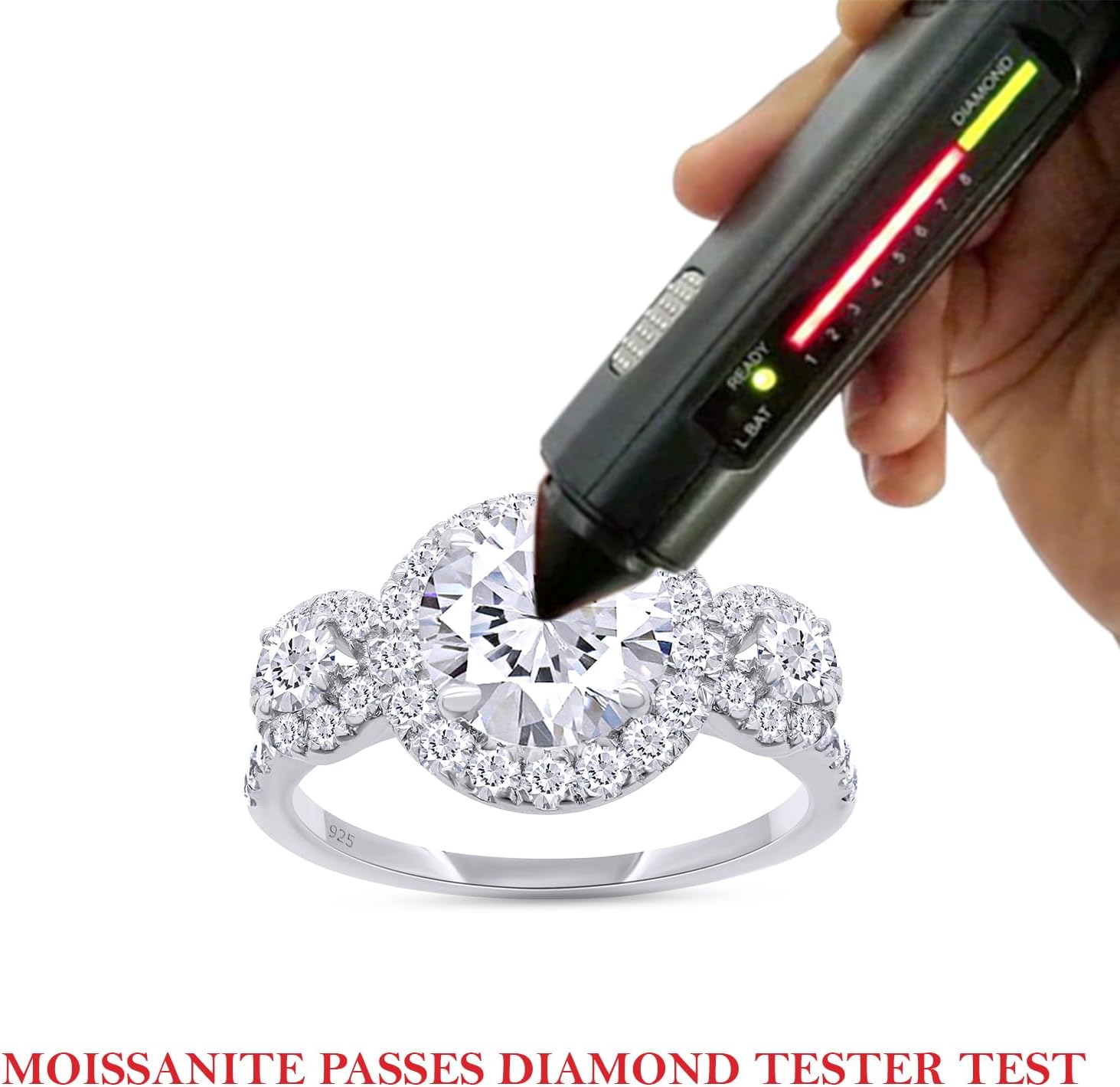 SAVEARTH DIAMONDS Three Stone Design, 2 1/4 CTTW 7.5MM Center Round Cut Lab Created Moissanite Diamond Halo Engagement Ring In 14K Gold Over Sterling Silver (VVS1 Clarity, 2.25 Cttw)