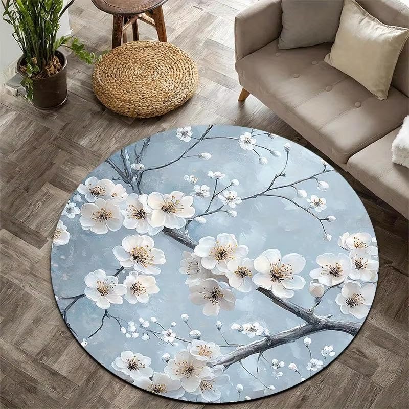 Tapis rond élégant fleurs de cerisier bleu finitions soignées
