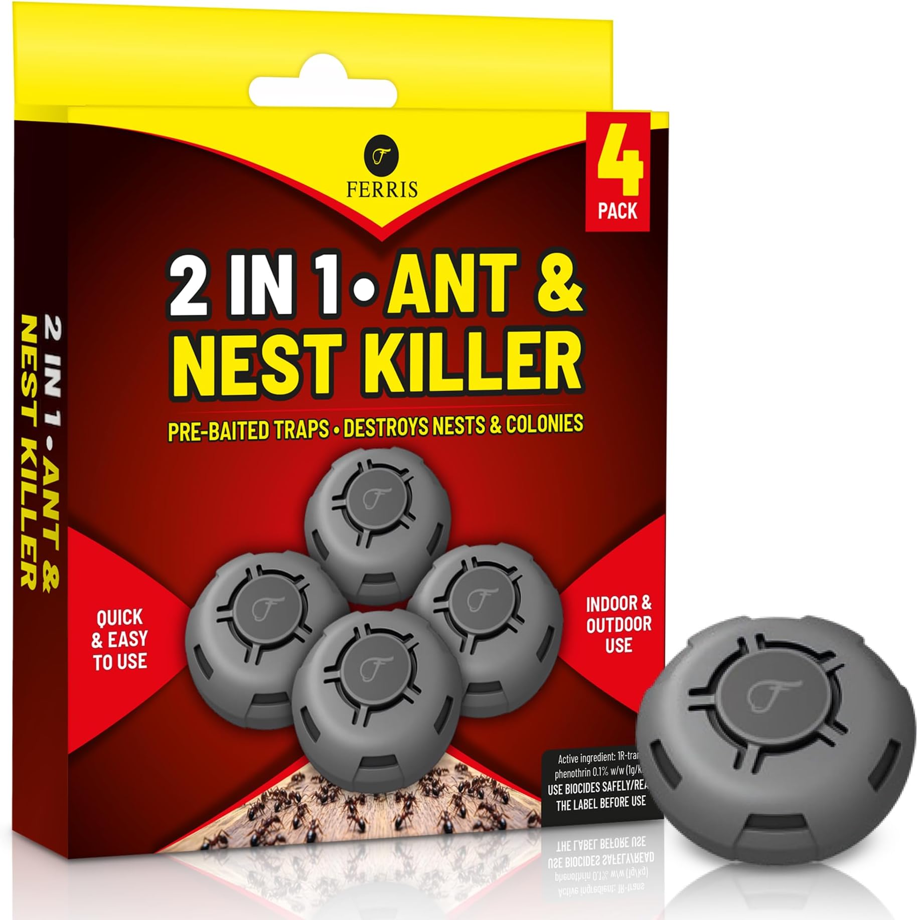 FERRIS | 4pk Ant Killer Bait Station Destroys Ants and their Nests | Ant Traps used Indoors, Kills Ant Colonies Use at Home & Garden | Strongest Control System - Clean and Easy to Use, Creates No Mess
