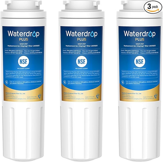 Waterdrop Plus UKF8001 NSF 401,53 Certified Refrigerator Water Filter, Reduce PFAS, Replacement for Whirlpool® Everydrop® Filter 4, EDR4RXD1, Maytag® UKF8001AXX, 3 Filters (Package May Vary)