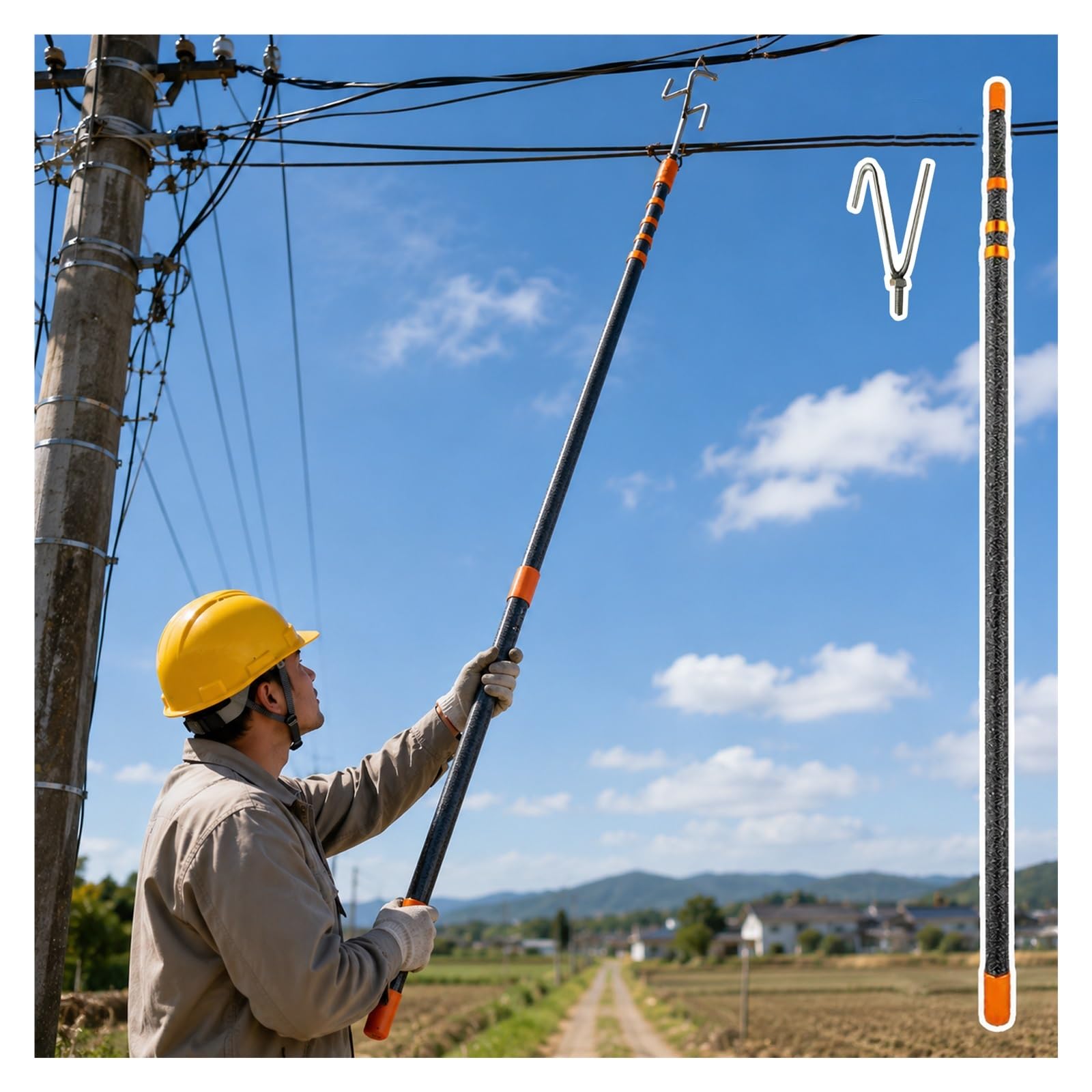 MZZKFC Insulated Operating Rod for Electrical Maintenance，45KV High-Voltage Fiberglass Hot Stick with Hookhead，7 13 16 23 26 30ft Insulation Telescopic Pole(E-type head,3.0m/9.8 ft)