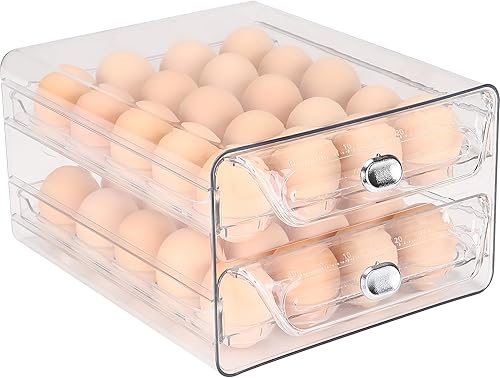 Sea Team Soporte para huevos de plástico transparente para refrigerador, contenedor apilable para huevos con 2 bandejas extraíbles, dispensador para