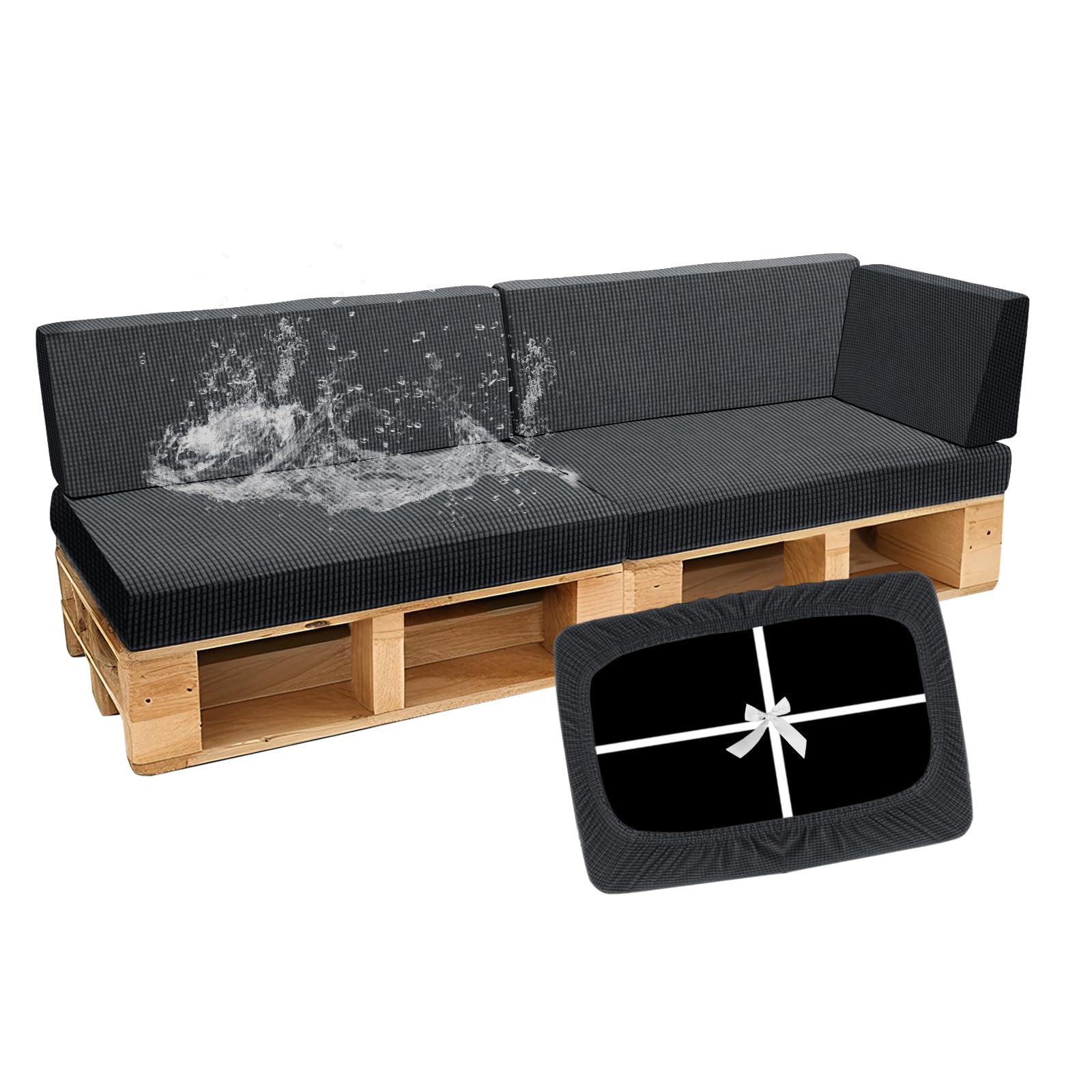SYLC Waterproof Pallet Cushions Covers, Stretch Cover for Pallet Furniture Cushions with 4 Ties, Outdoor Corner Sofa Covers for Rattan Patio Garden Caravan (Medgrey,5 PCS(2 Seats+3 Backs))