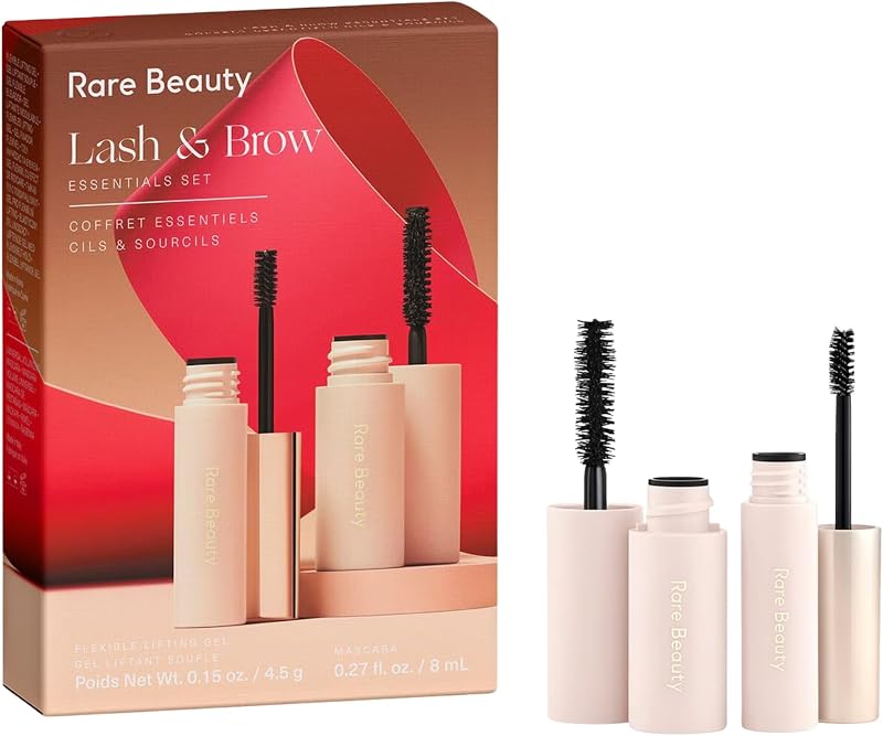 Rare Lash & Brow Essentials Set: mini rímel voluminizador y dúo de gel iluminador transparente para cejas para pestañas más llenas y cejas esculpidas