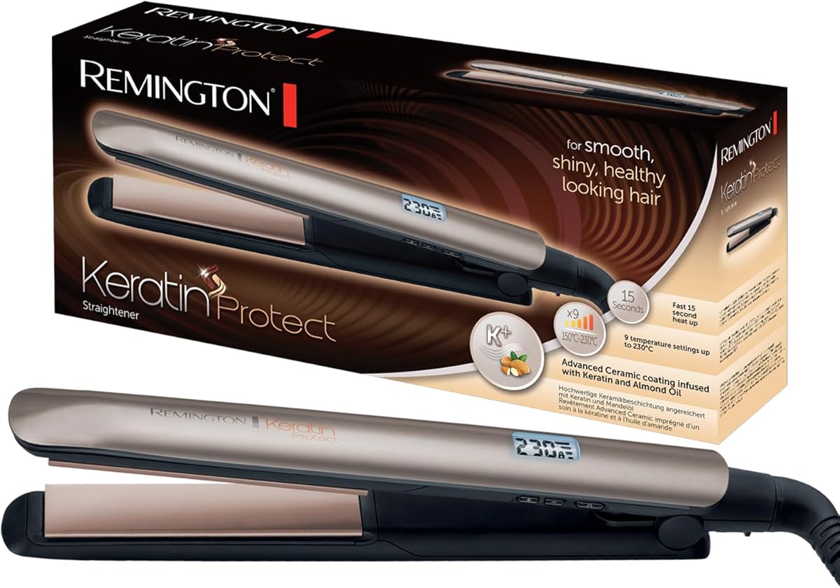 Remington Stijltang Keratin Protect (Verrijkt met Keratine En Amandelolie, 9 temperatuurstanden, Digitaal Display, Turbo-Boost, Extra Verzorgend Steilen) S8540