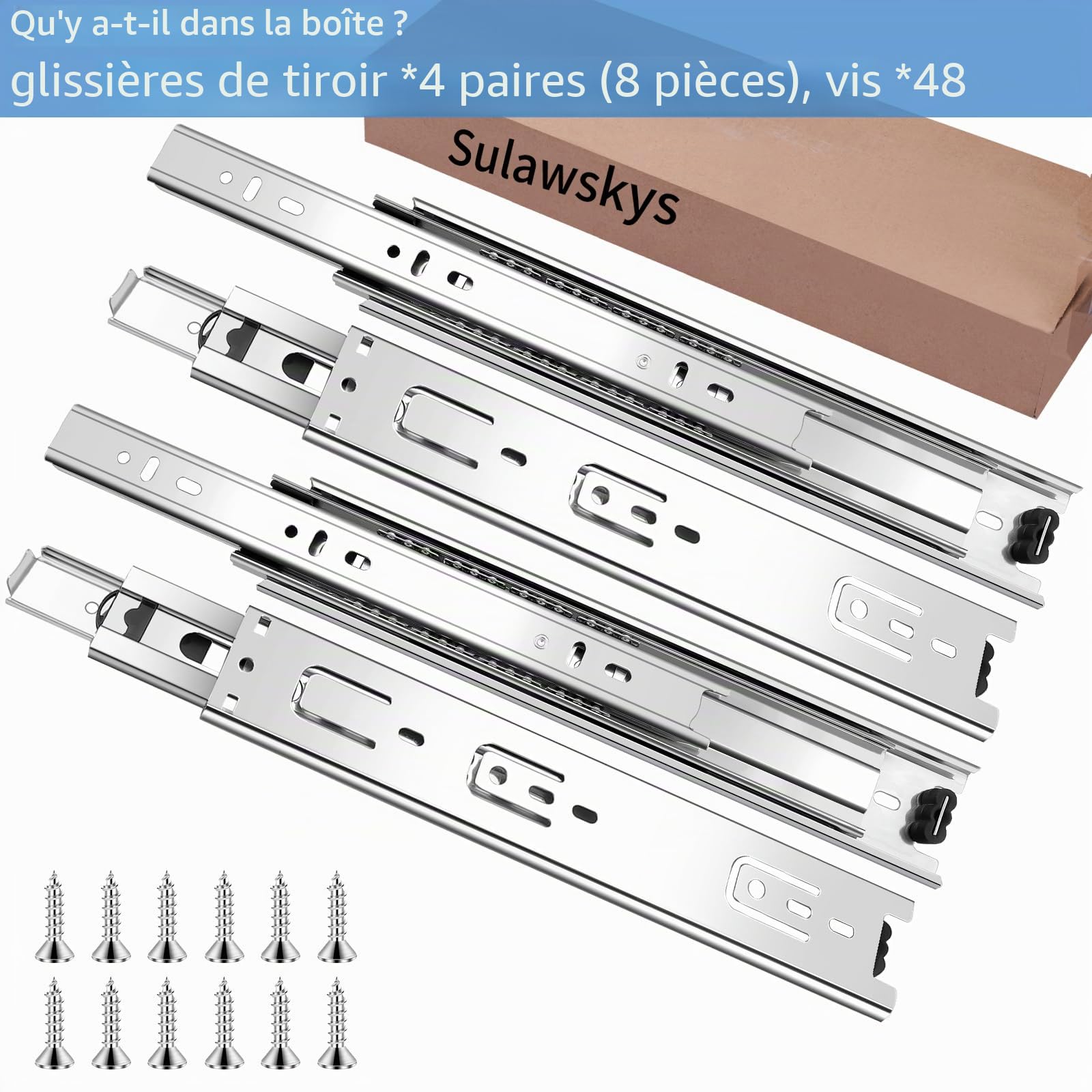 Sulawskys 4 paires glissières de tiroir 55 cm (8 pièces),glissiere pour tiroir, montage latéral,extension complète,coulisse tiroir avec roulements à billes, capacité de 45 kg, argent