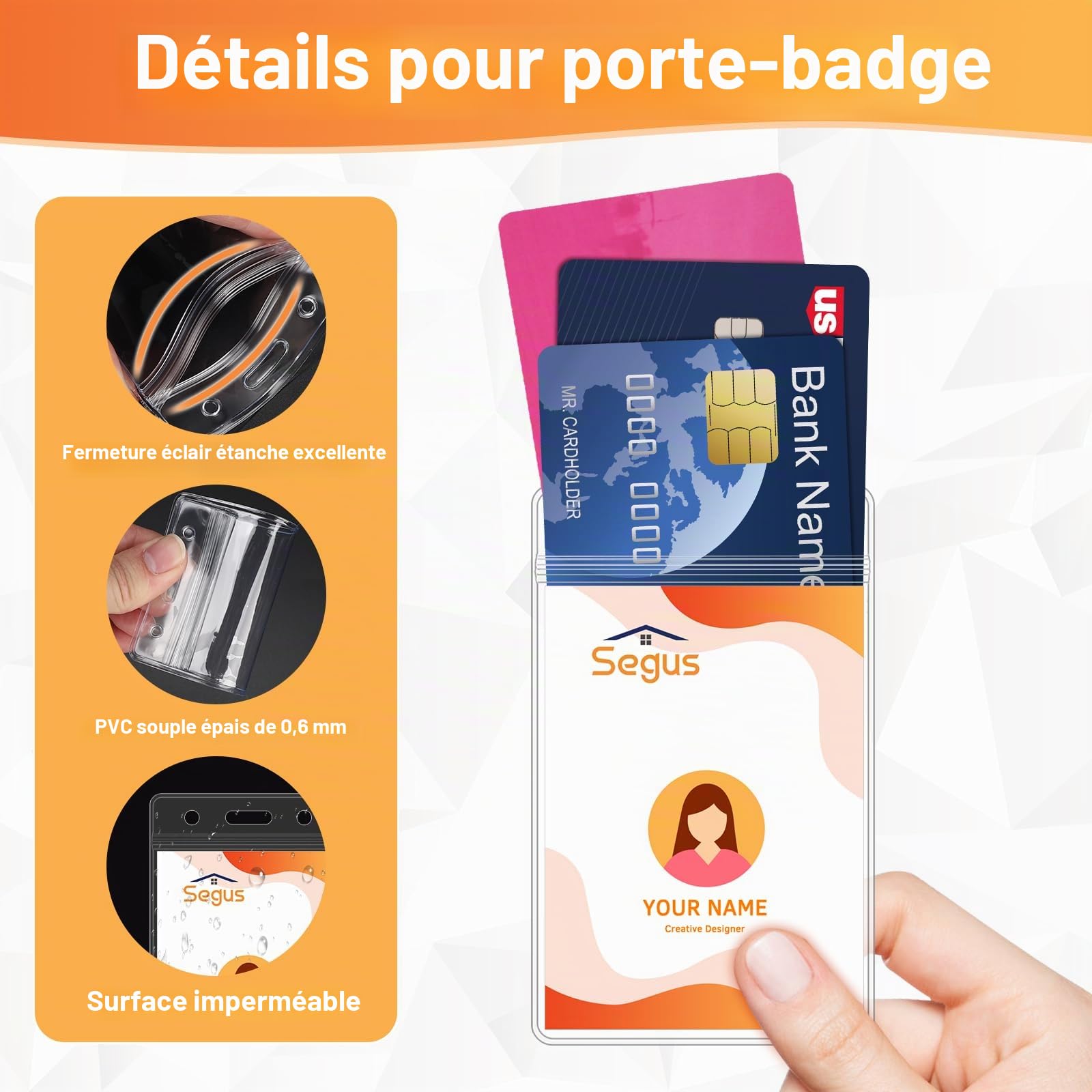 Segus Porte Badge Tour de Cou, 50 Pièces Tour de Cou Porte Clé avec Porte Badge Vertical, Transparent et Imperméable, Cordon Tour de Cou avec Clip en Métal, pour Carte Bus, Forfait de Ski (Noir)