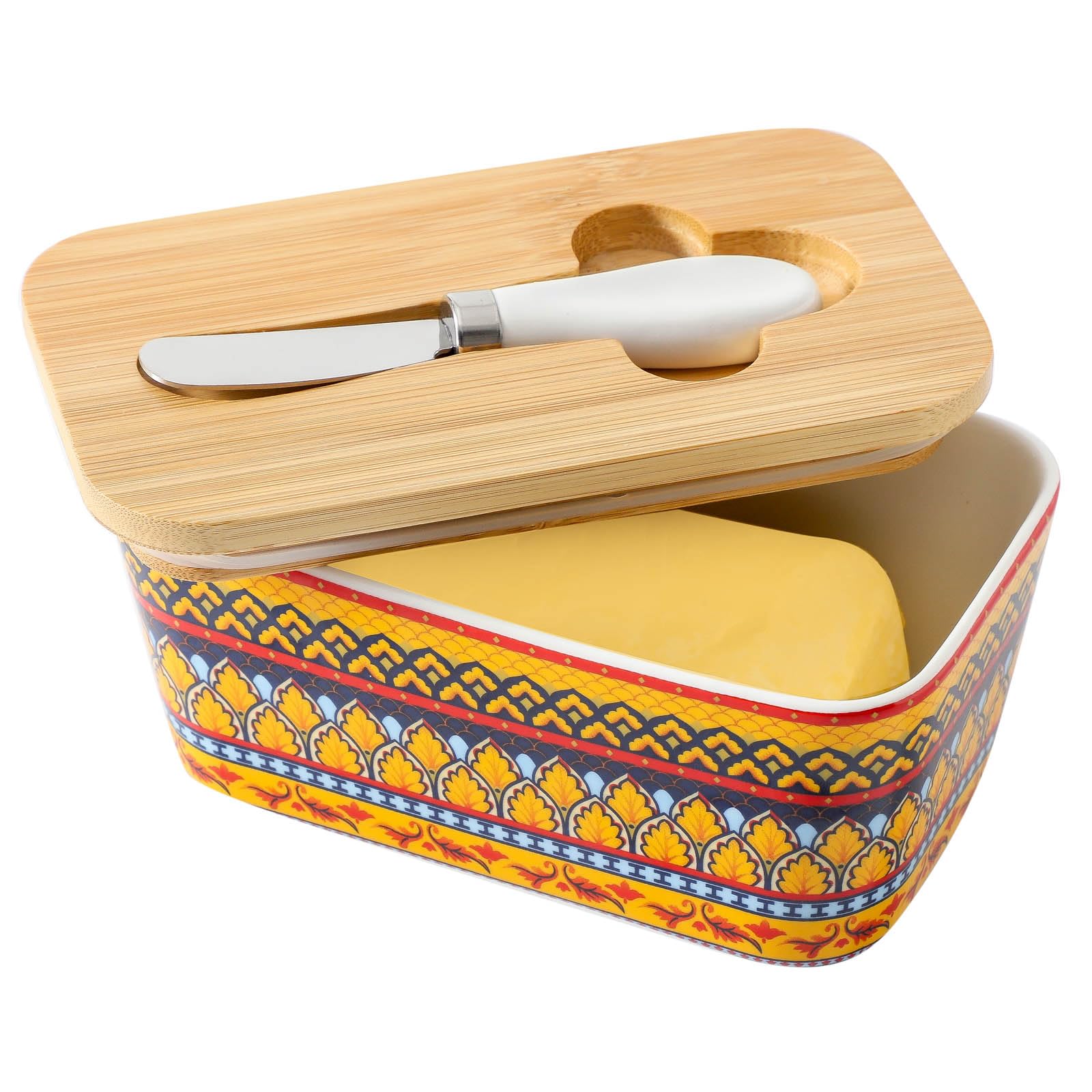 Butter Dish with Lid for Countertop, Hasense Large Ceramic Bohemian Butter Container Keeper Holder with Cover and Knife for Fridge, Airtight Butter Stoage Box for East West Butter, Golden Bloom