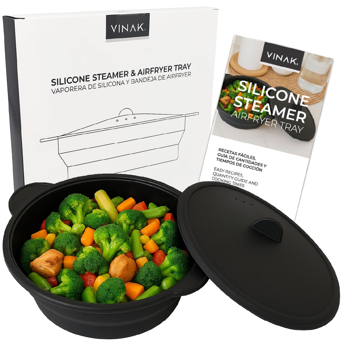 VINAK - Silicone Microwave Steamer & Air Fryer Basket | 1200ml Foldable Steaming Case with Reversible Tray | Healthy Cooking