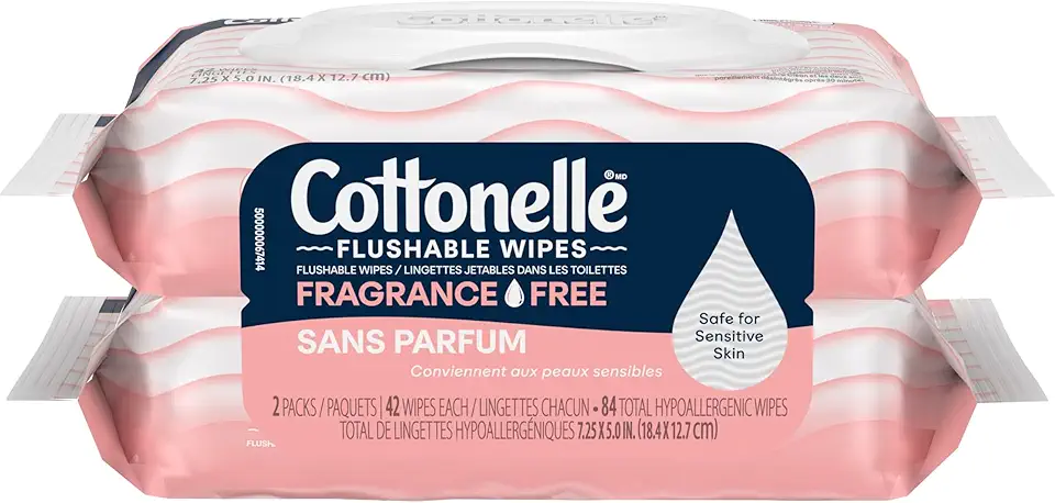 Cottonelle Fragrance Free Flushable Wet Wipes, Adult Wet Wipes, 2 Flip-Top Packs, 42 Wipes Per Pack (84 Total Flushable Wipes)