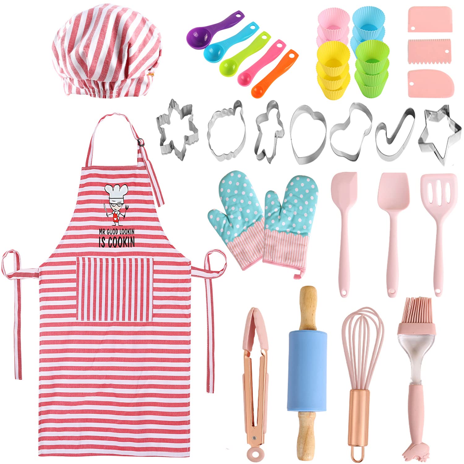 BBplusDD Real Kids Baking and Cooking Sets - 38 Pcs Real Baking Supplies for Junior Chef Includes Kids Apron and Chef Hat, Baking Utensils - Complete Gift Cooking Kits for The Curious Child