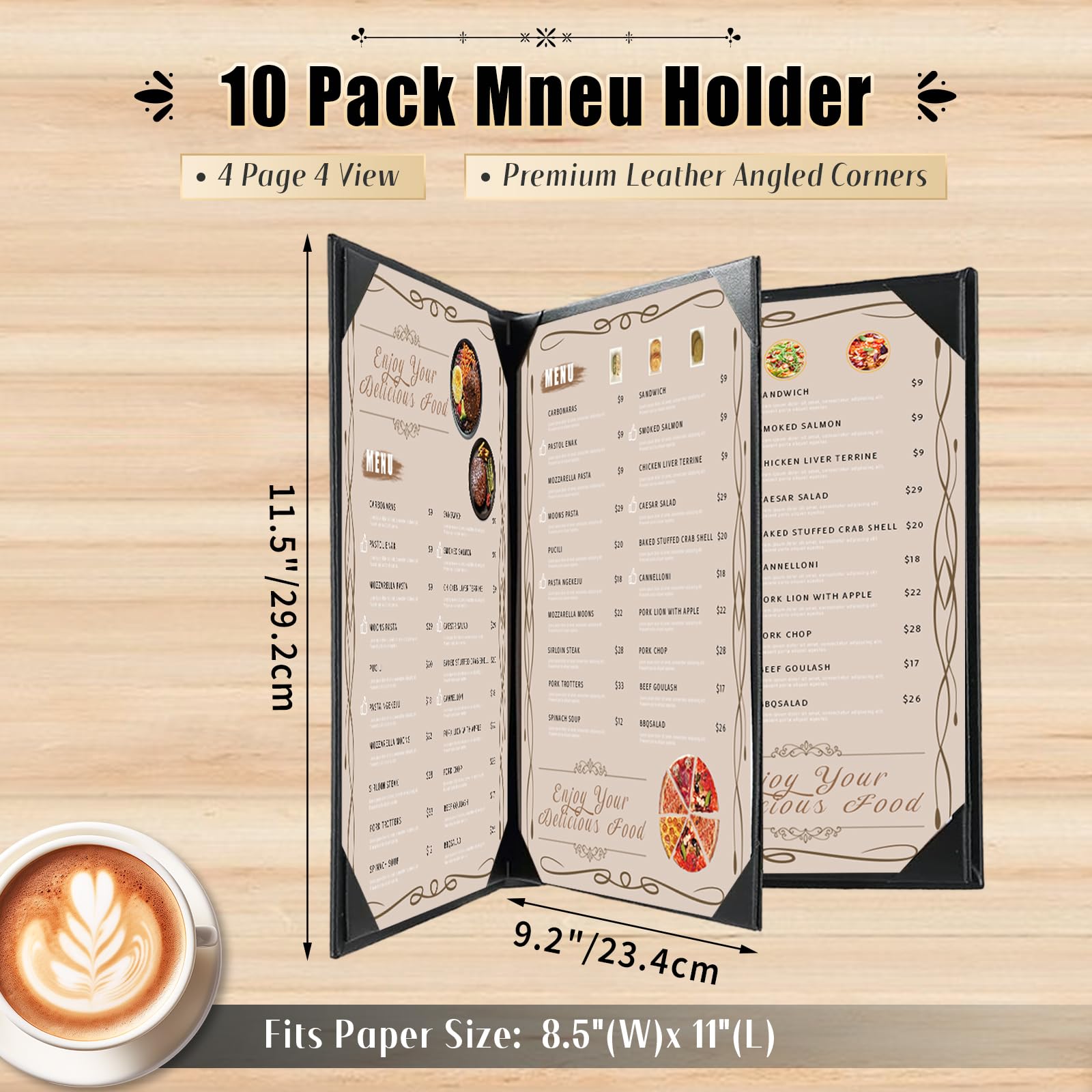Lot de 10 protège-menus de restaurant 21,6 x 27,9 cm | Lot de 10 couvertures de menu en cuir synthétique 4 vues style livre avec coins inclinés pour carte de vin (10, 4 vues (21,6 x 27,9 cm)