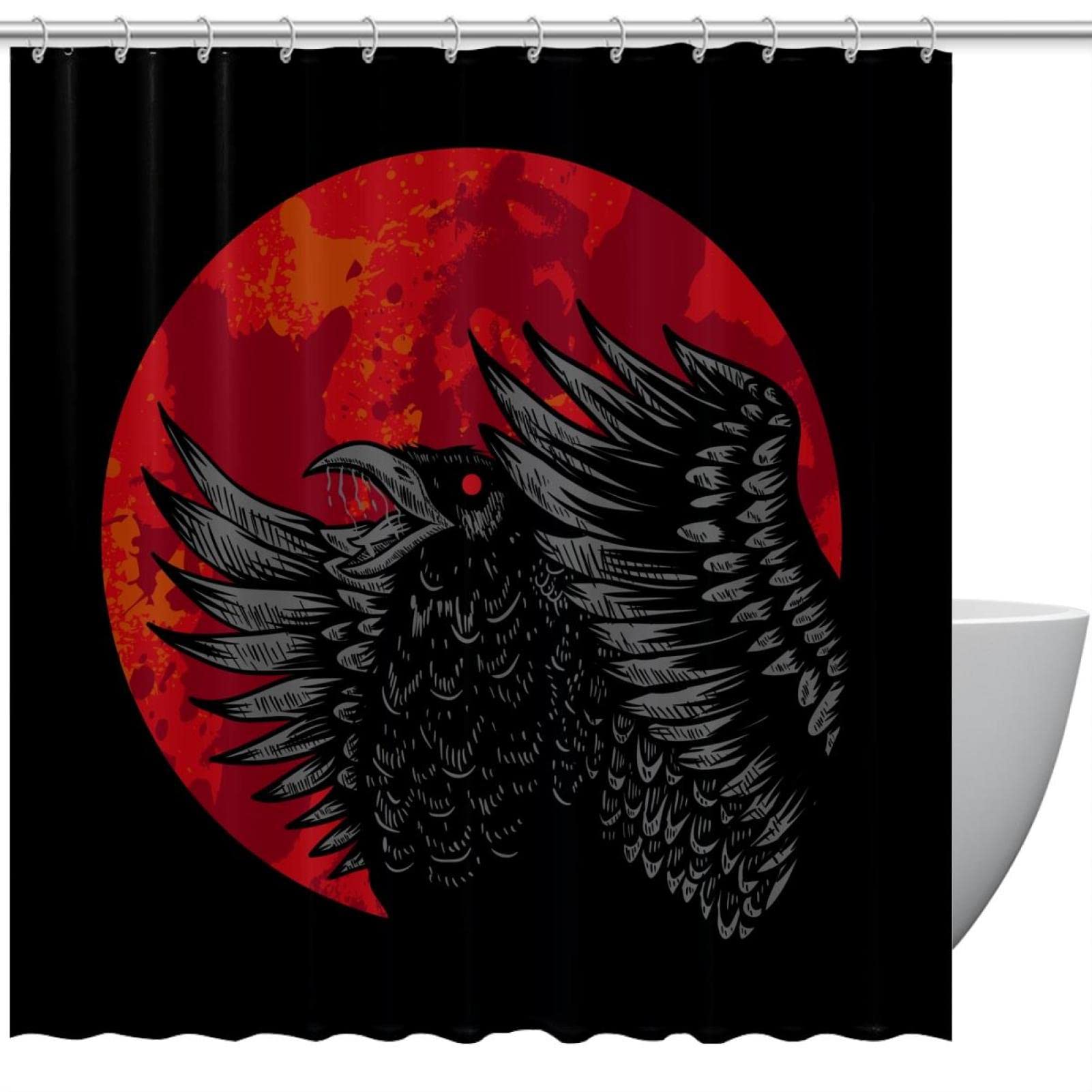 Rideau de douche 168 x 183 cm étanche lune rouge corbeau