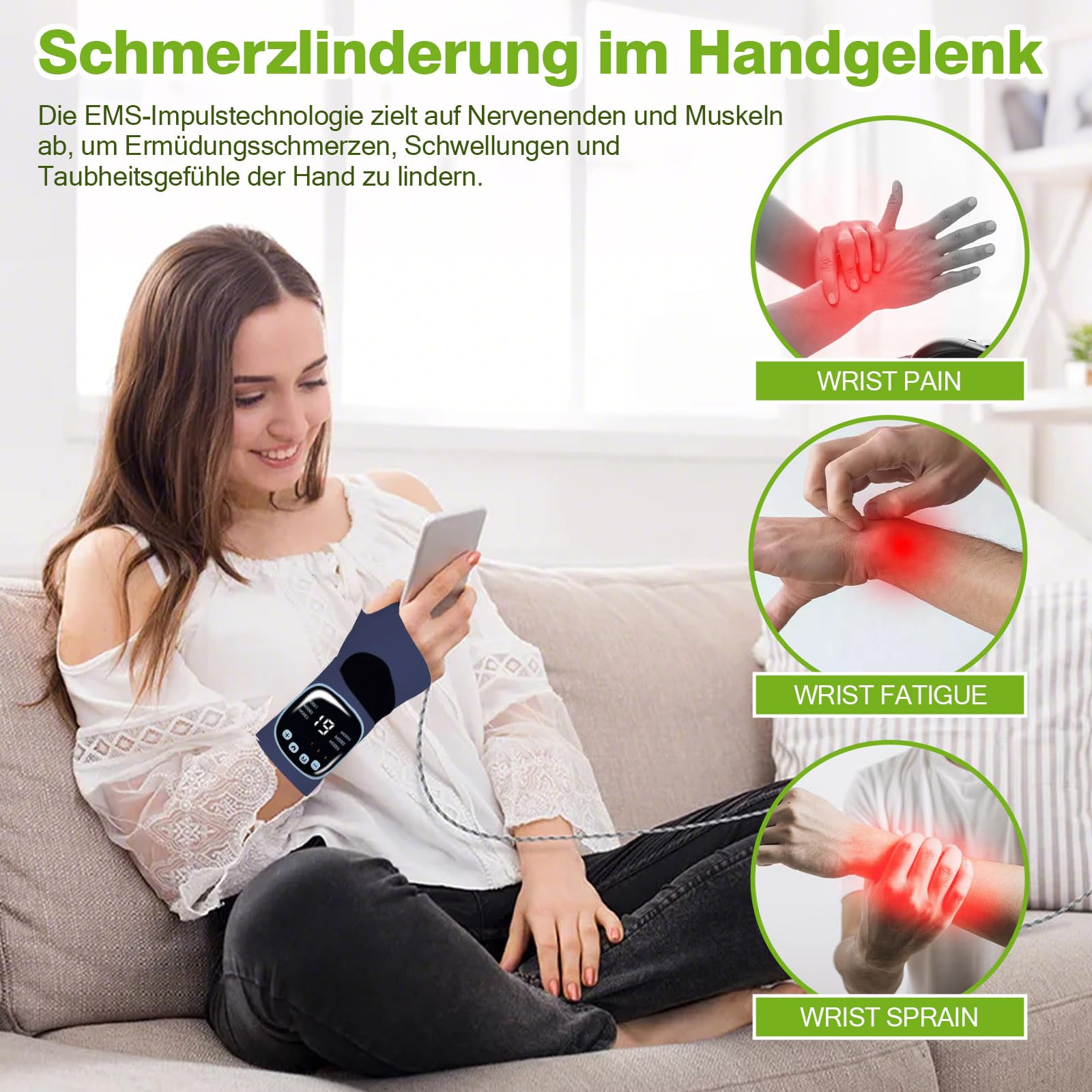 EMS Handmassagegerät, Kabelloses Elektrische Handmassagegeräte, Handmassage mit 3 Wärmestufen, 9 Massagemodi und 19 Stärke, Handgelenkstütze für Lindert Ermüdung und Schmerzen
