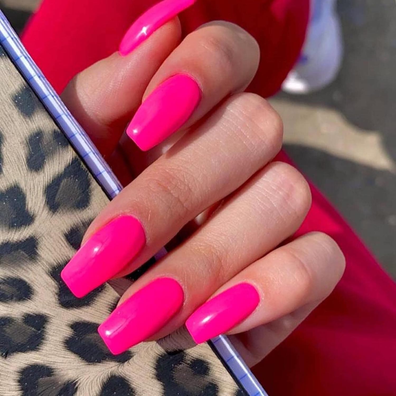 KQueenest Hot Pink Press on Nails Long Square, Neon Pink False Nails Long Medium Coffin