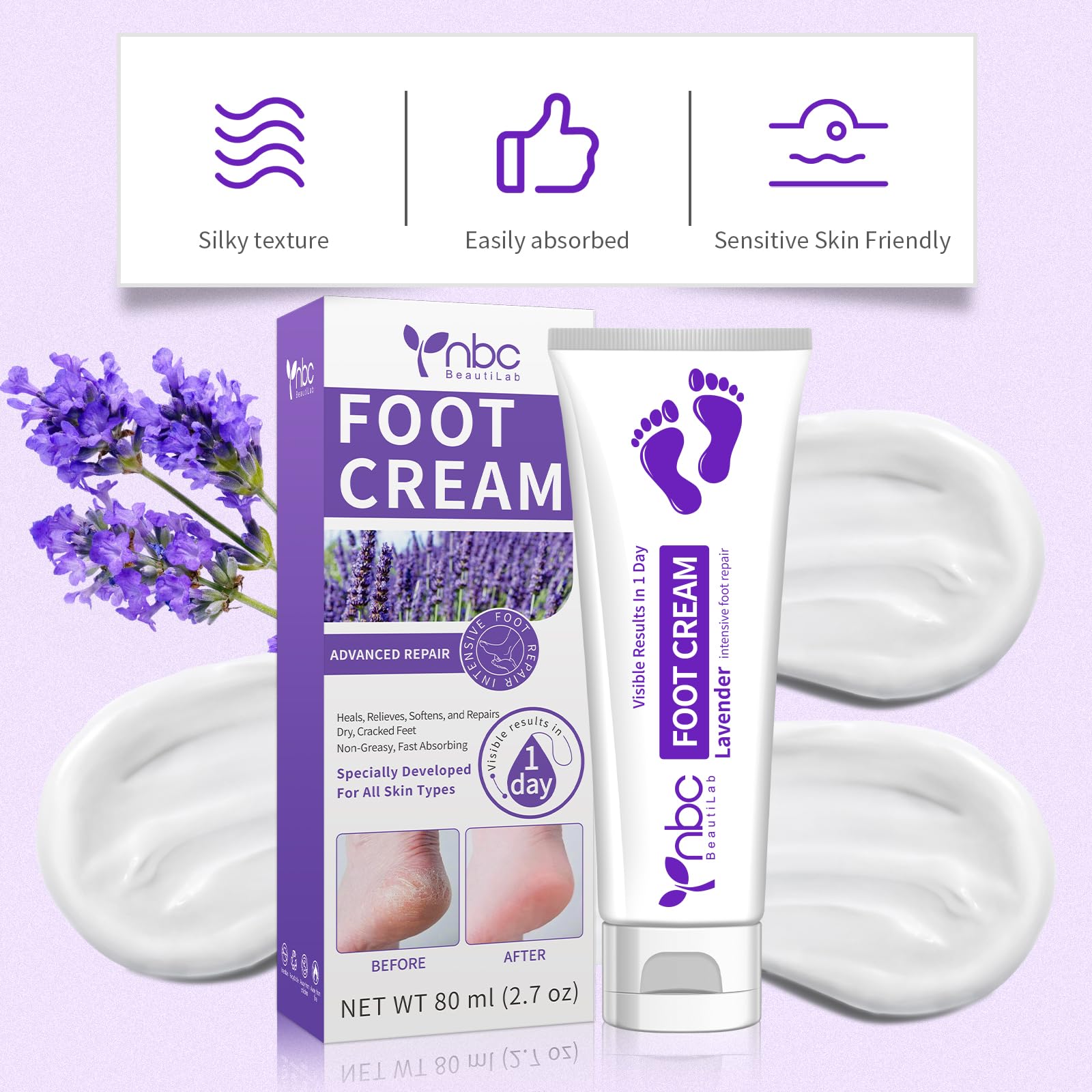 Foot Callus Remover, Hand & Foot Cream, Lotion for Extremely Dry Skin, Athletes Foot Treatment, Pedicure Foot Spa Products for Dry Hands, Cracked Feet, Rough and Dry Skin, 80ml Lavender