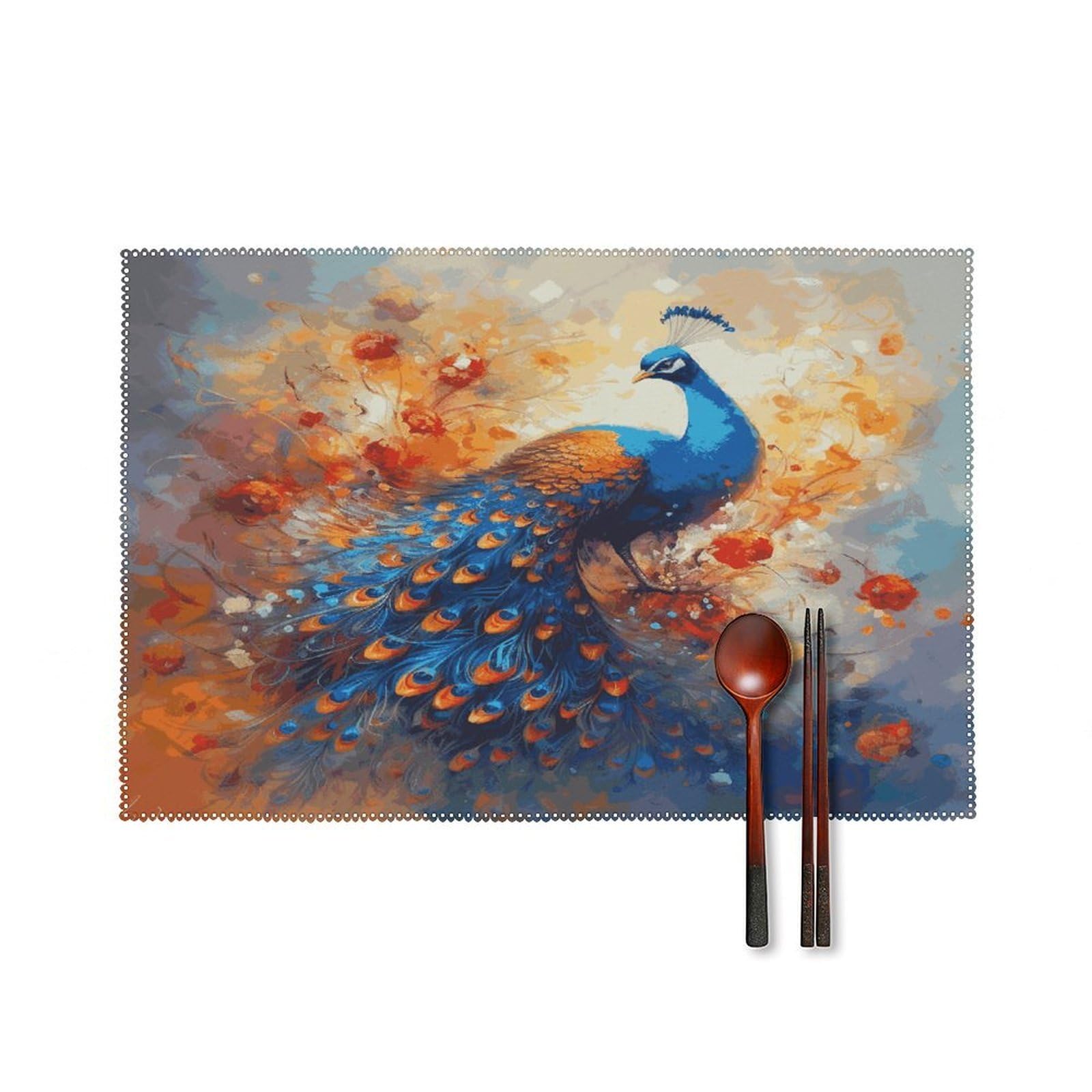 Peacock2 Placemats Set of 4 Canvas Place Mats Non-Slip Heat Resistant Table Mats Washable Waterproof Placemat Wipeable Tablemats for Kitchen Dining Decor Place Mat