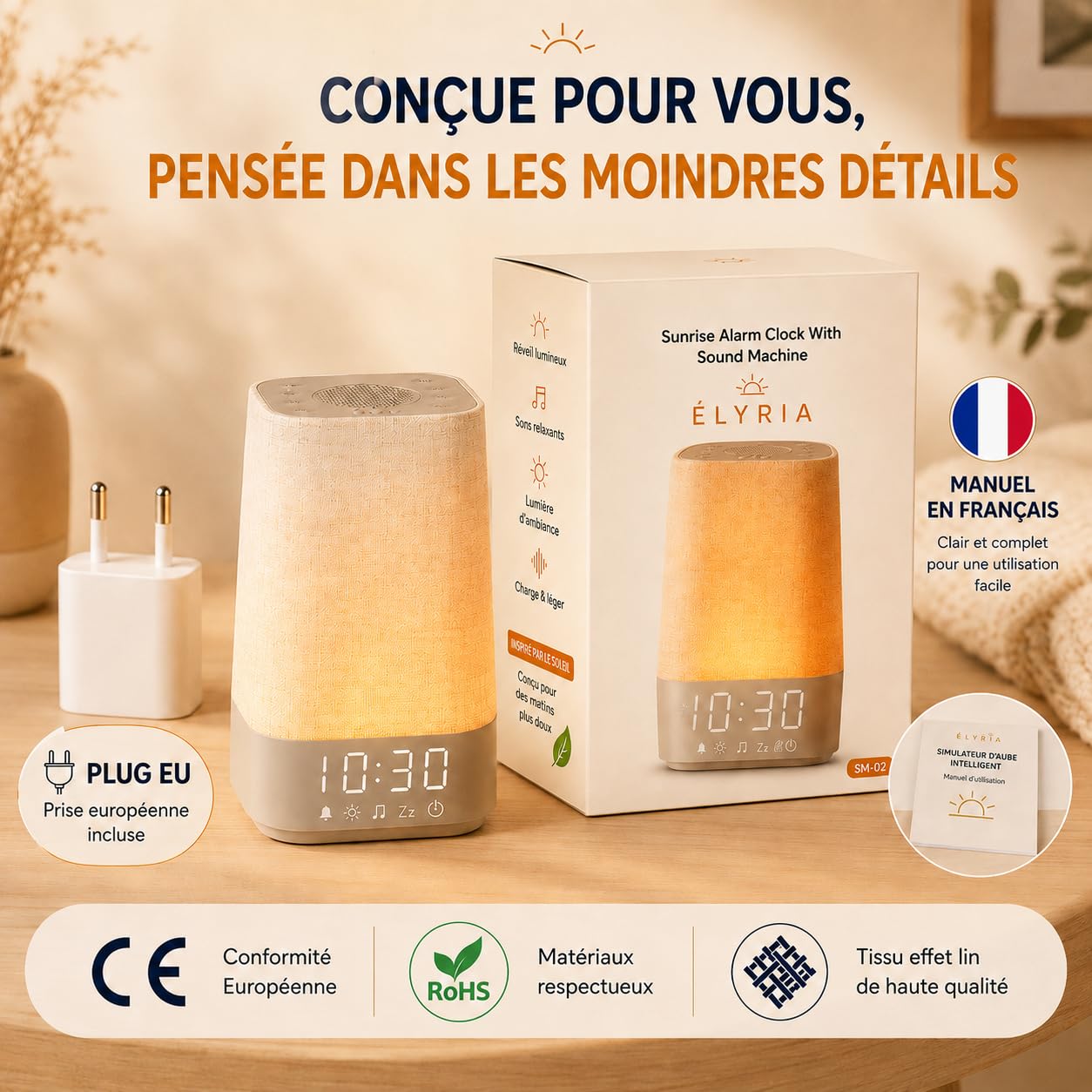 Réveil Lumineux Simulateur d'Aube, Réveil Lever de Soleil avec 30 Sons Relaxants, Lampe de Chevet LED, 13 Modes Veilleuse, Réveil Digital avec USB, Fonction Mémoire, Adaptateur Inclus