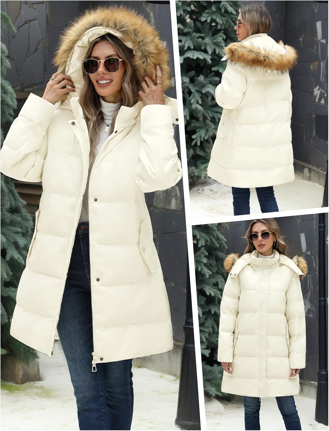 Women's Winter Puffer Coat Warm Thicken Jacket with Faux Fur Removable Hood Windproof Parka Outwear