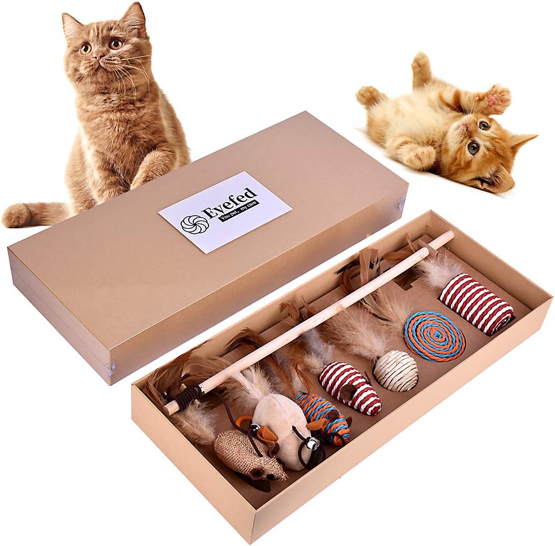 Cat Toys Gift Box, Cat Interactive Wand Toy Set, 7 Pieces Of Replaceable Feather Fun Cat Toy Gift Set,Natural solid wood linen material