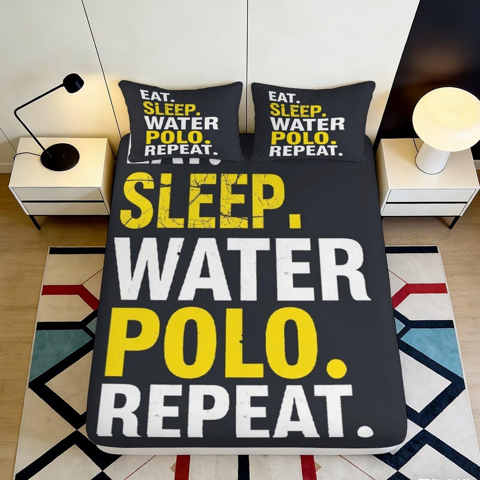 Pnayamiorkfel Style-10 3D Printed Eat Sleep Water Polo Repeat Fitted Sheet Microfiber Black Yellow Bed Cover For Bedroom Dorm Adult Youth 90X200x25cm