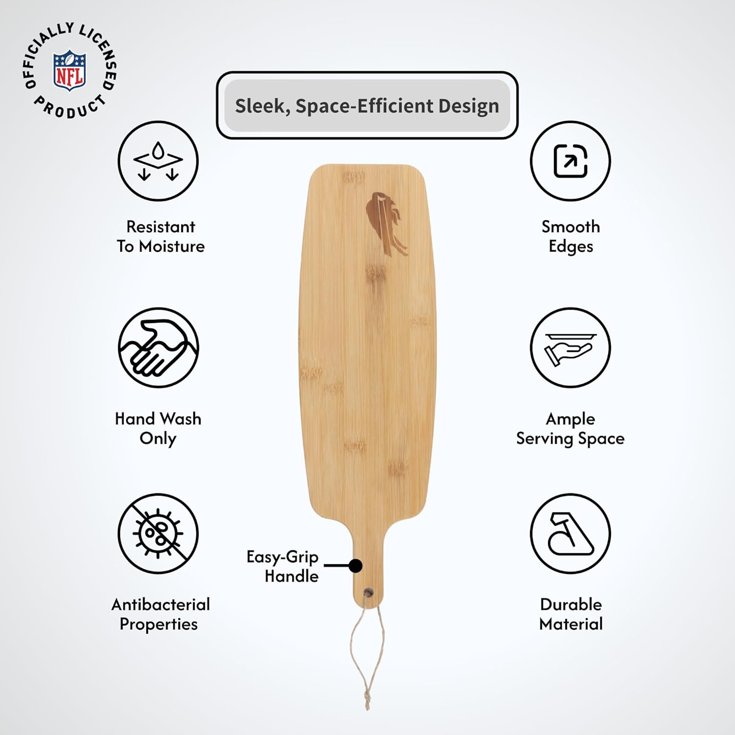The Memory Company Officially Licensed NFL Bamboo Paddle Cutting Board – Engraved Team Logo, Durable & Eco-Friendly Kitchen Accessory, 15.2 x 4.9 Inches