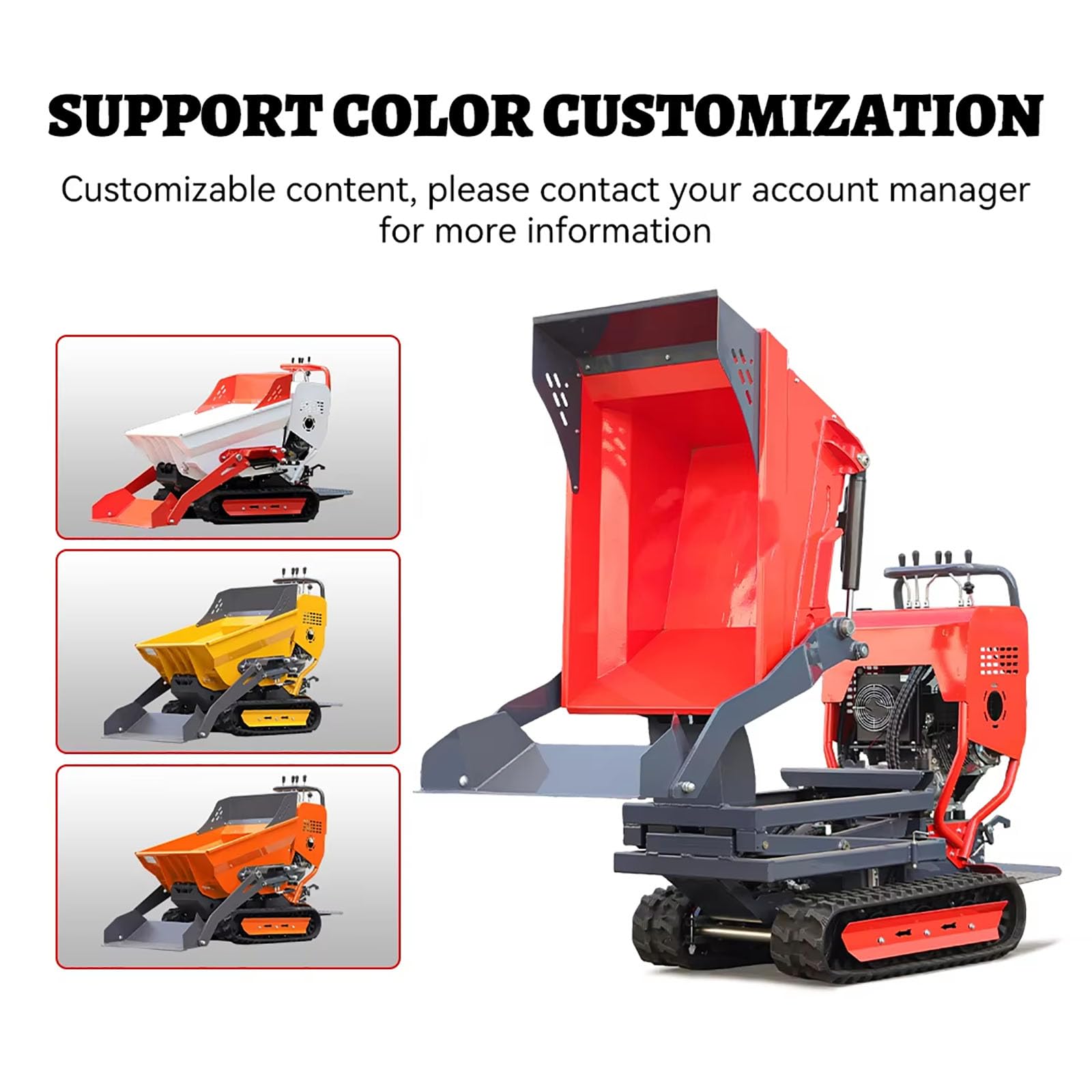 Caminar detrás de orugas Dumper hidráulico autodesviable carro transportador de orugas tolva utilitaria para la construcción de residuos de residuos manipulación de suministros 500 kg 800 kg