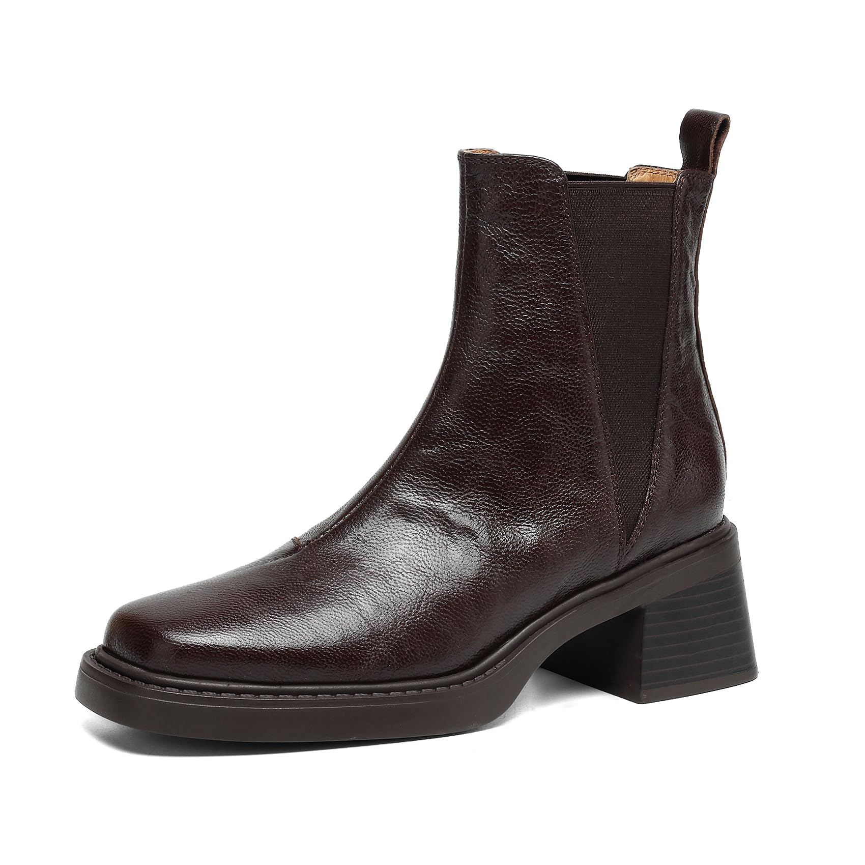 Womens Platform Chelsea Boots Full Grain Sheepskin Ankle Boot with Chunky Block Heel Square Toe Pull Tab Elastic