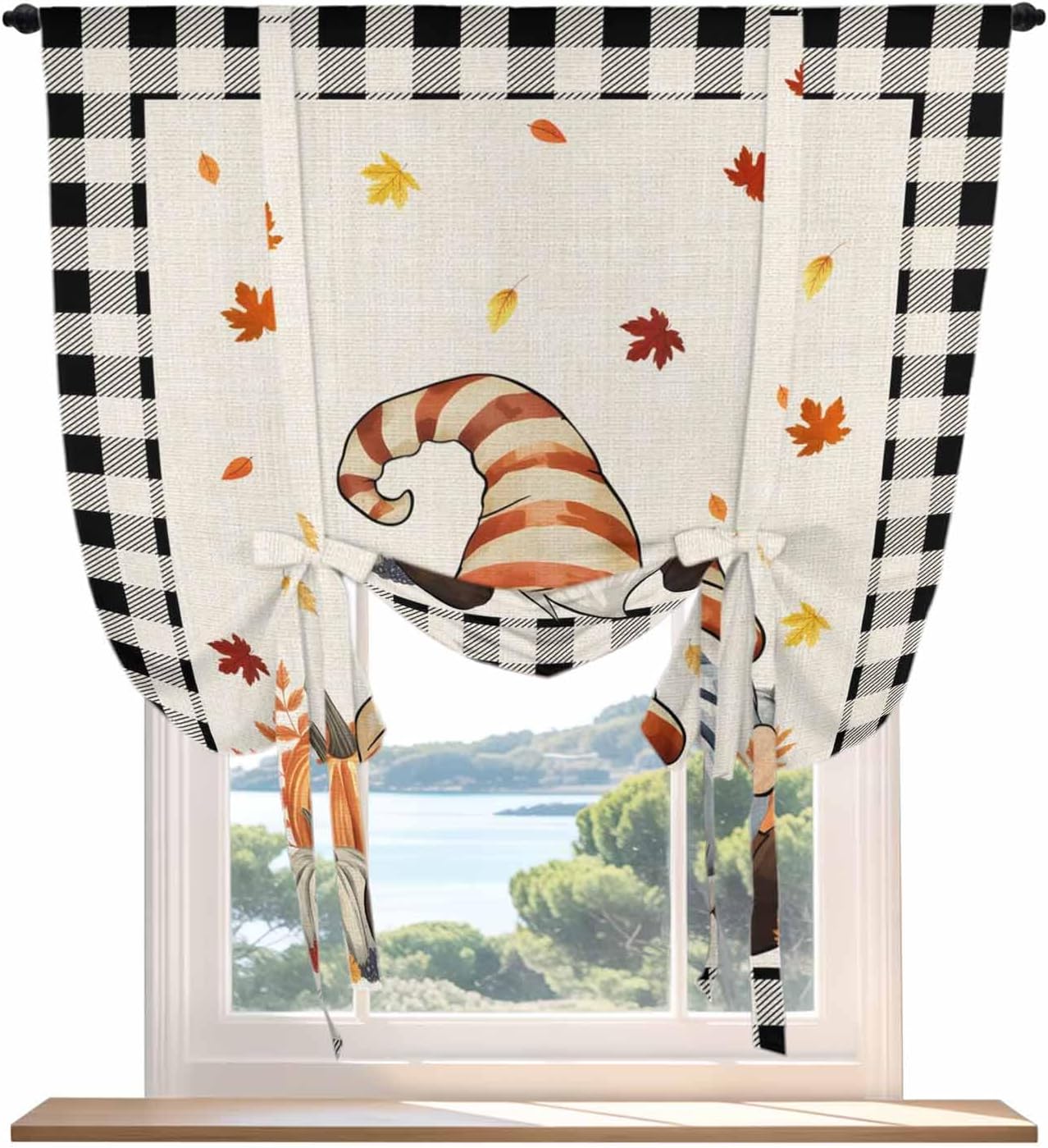 Thanksgiving Plaid Tie Up Curtains for Kitchen Bathroom Bedroom Windows 54 Inch Length,Balloon Drape Curtains Shade Rod Pocket Drapery Curtain Buffalo Check Gnomes Pumpkins Black Beige 1 Panel,42"x63"