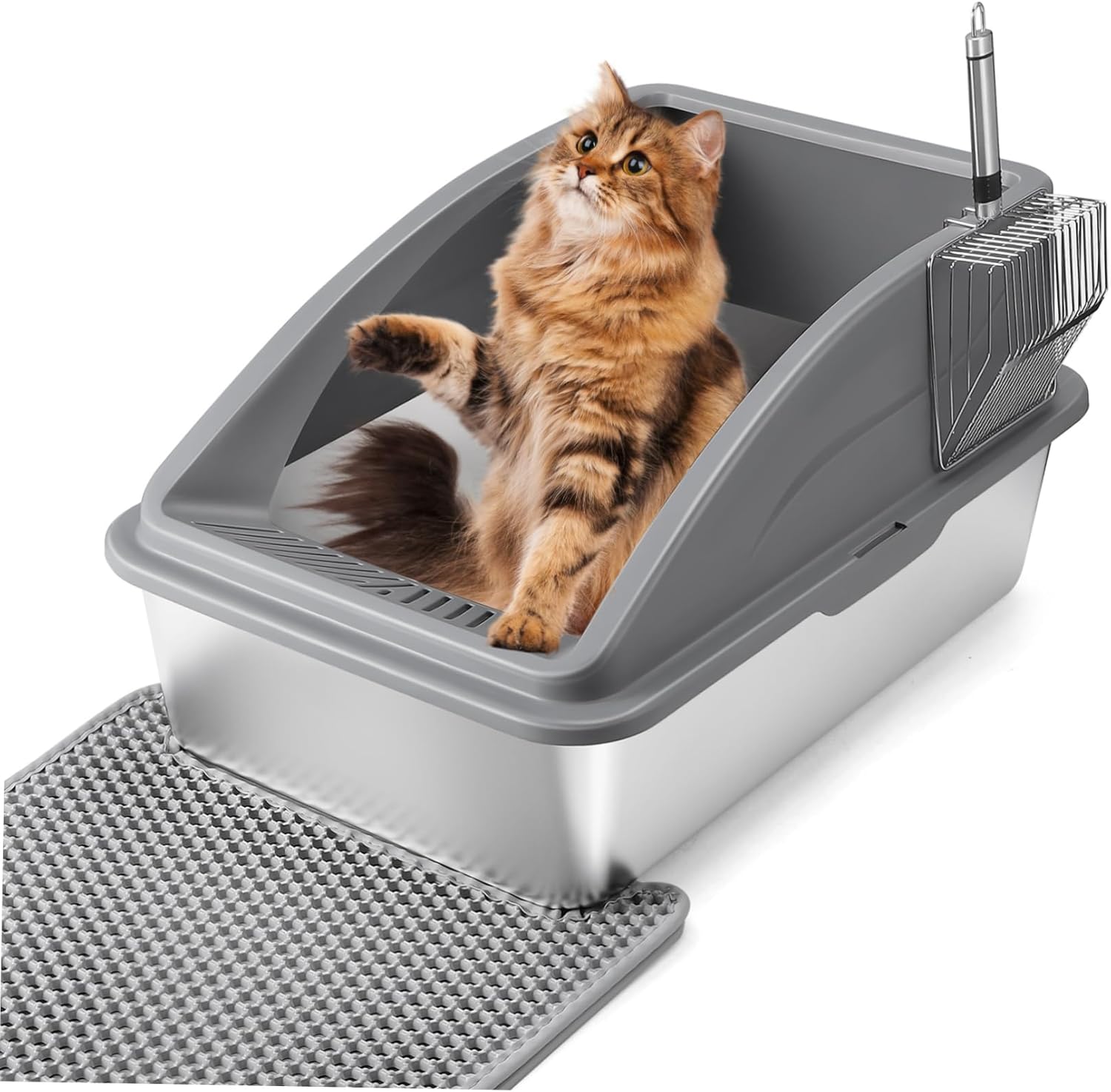 Mipcase 1Set High Wall Cat Litter Box Jumbo Stainless Steel Design for Indoor Cats Easy to with Included Scoop Reduces Mess and Scatter for Large Cats
