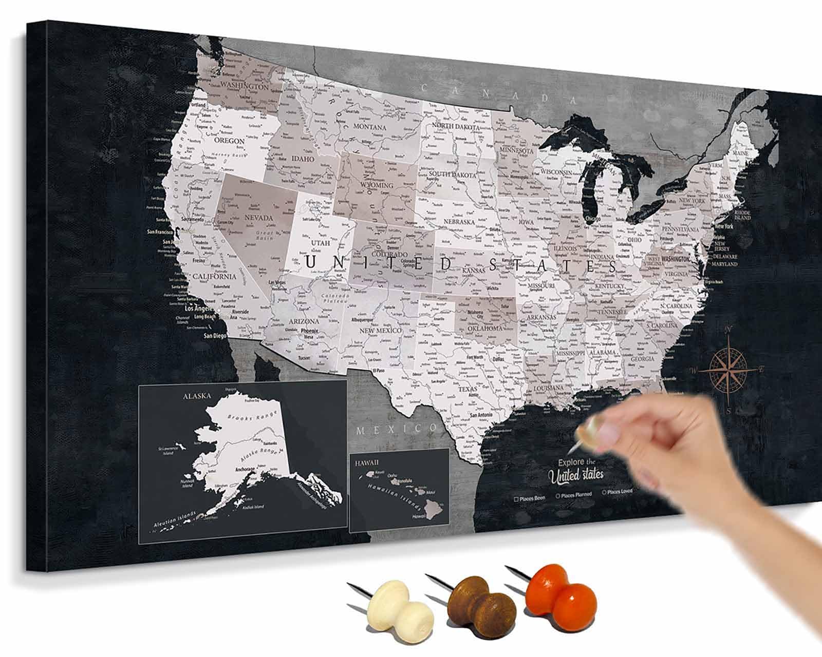 Office Wall Art Huge US Map with Pins Vintage Wall Decor