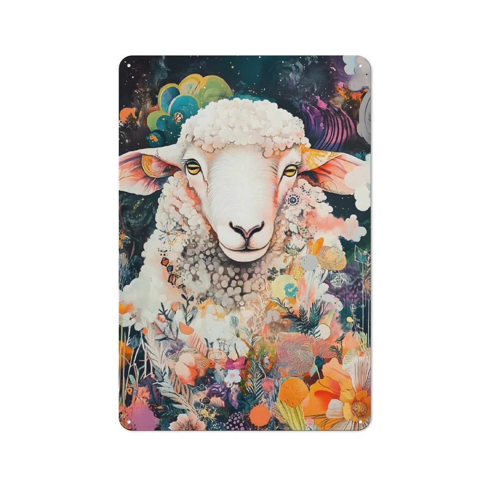 Sacred Sheep in Bloom - Floral Field Art Retro-style Tin Wall Plaque 30x20cm for Living Room Wall, A Metal Wall Feature for Living Rooms And Feature Walls