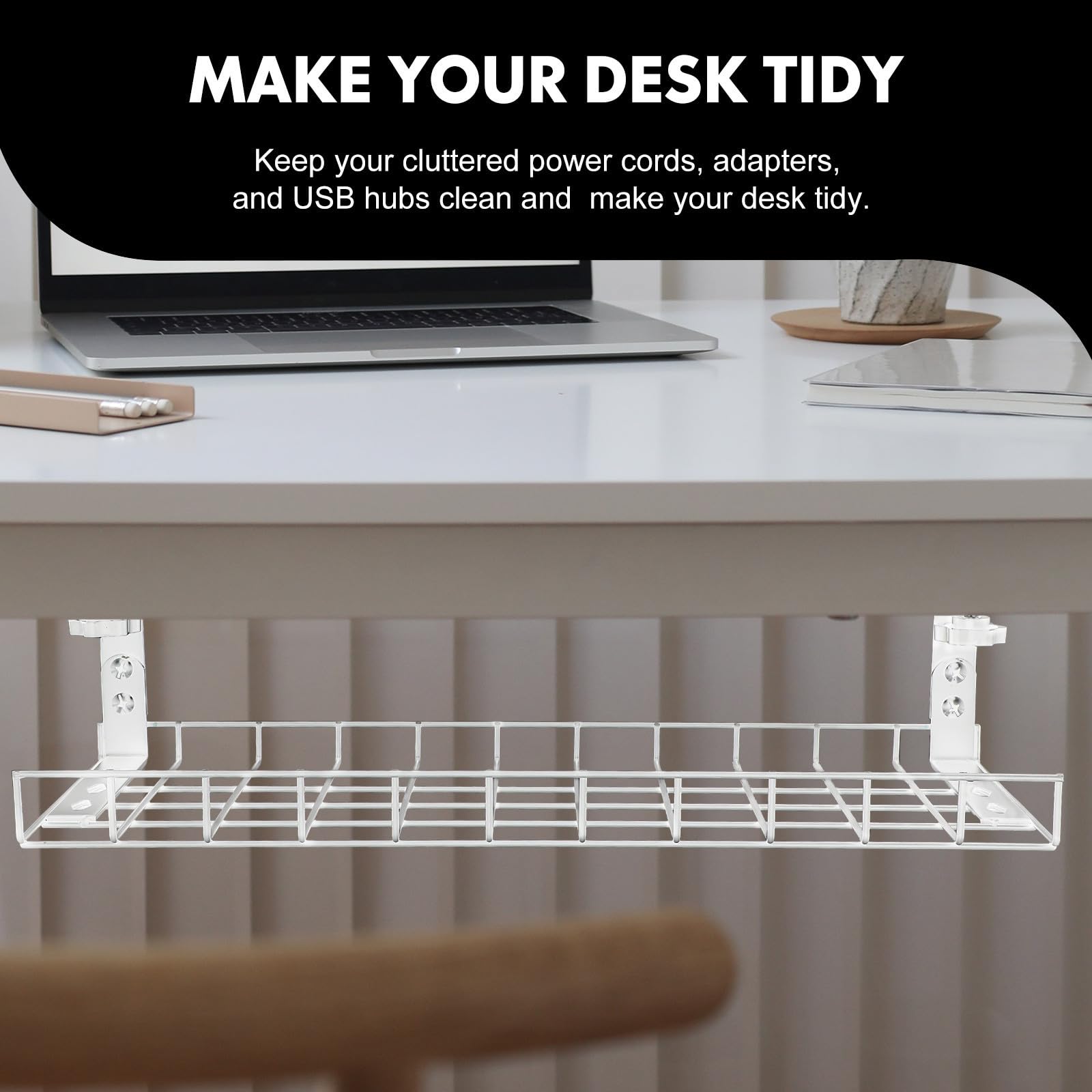 Acier Blanc Organisateur de Câbles Réglable 1 à 5cm, sous Bureau